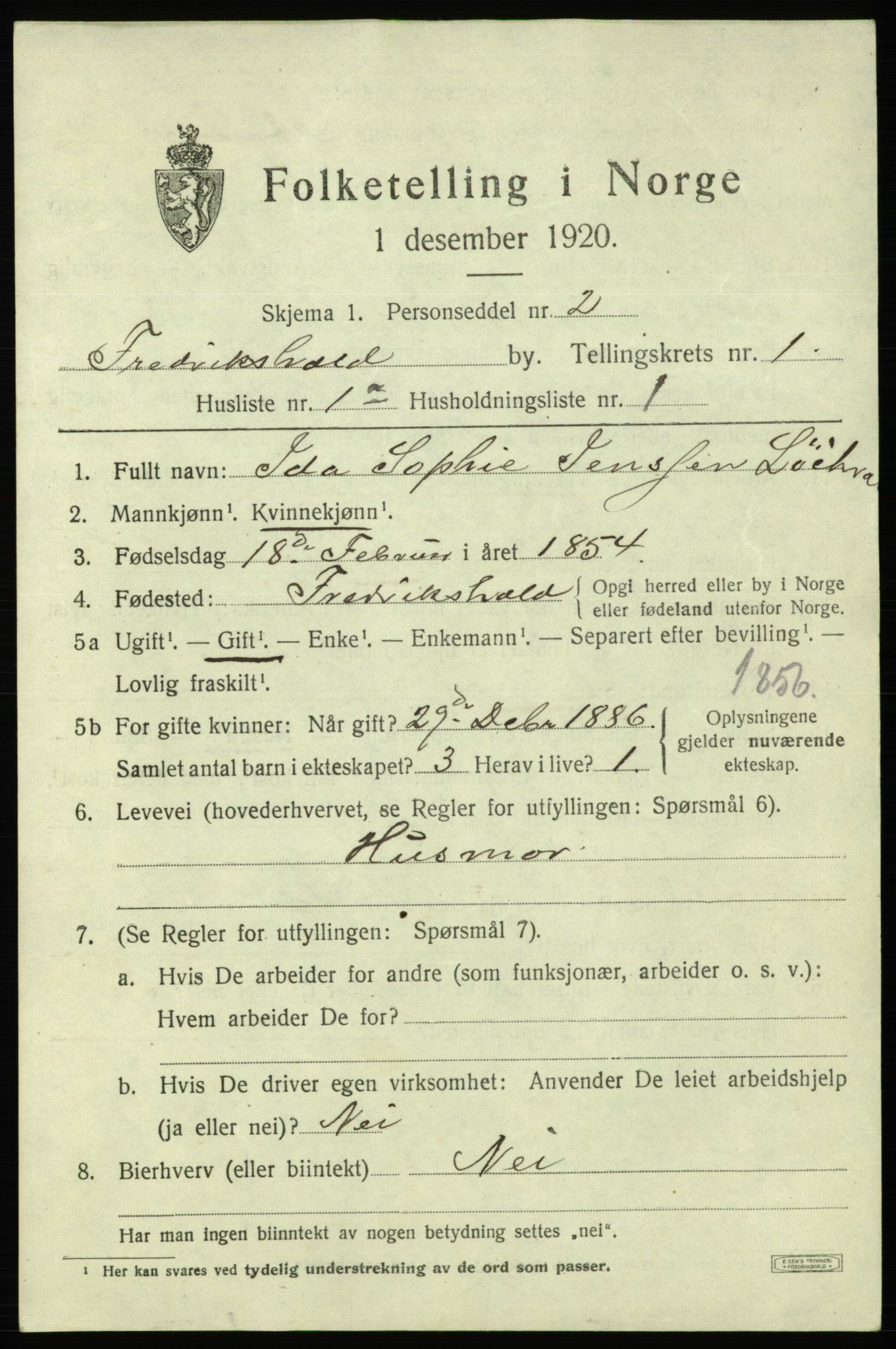 SAO, 1920 census for Fredrikshald, 1920, p. 8054