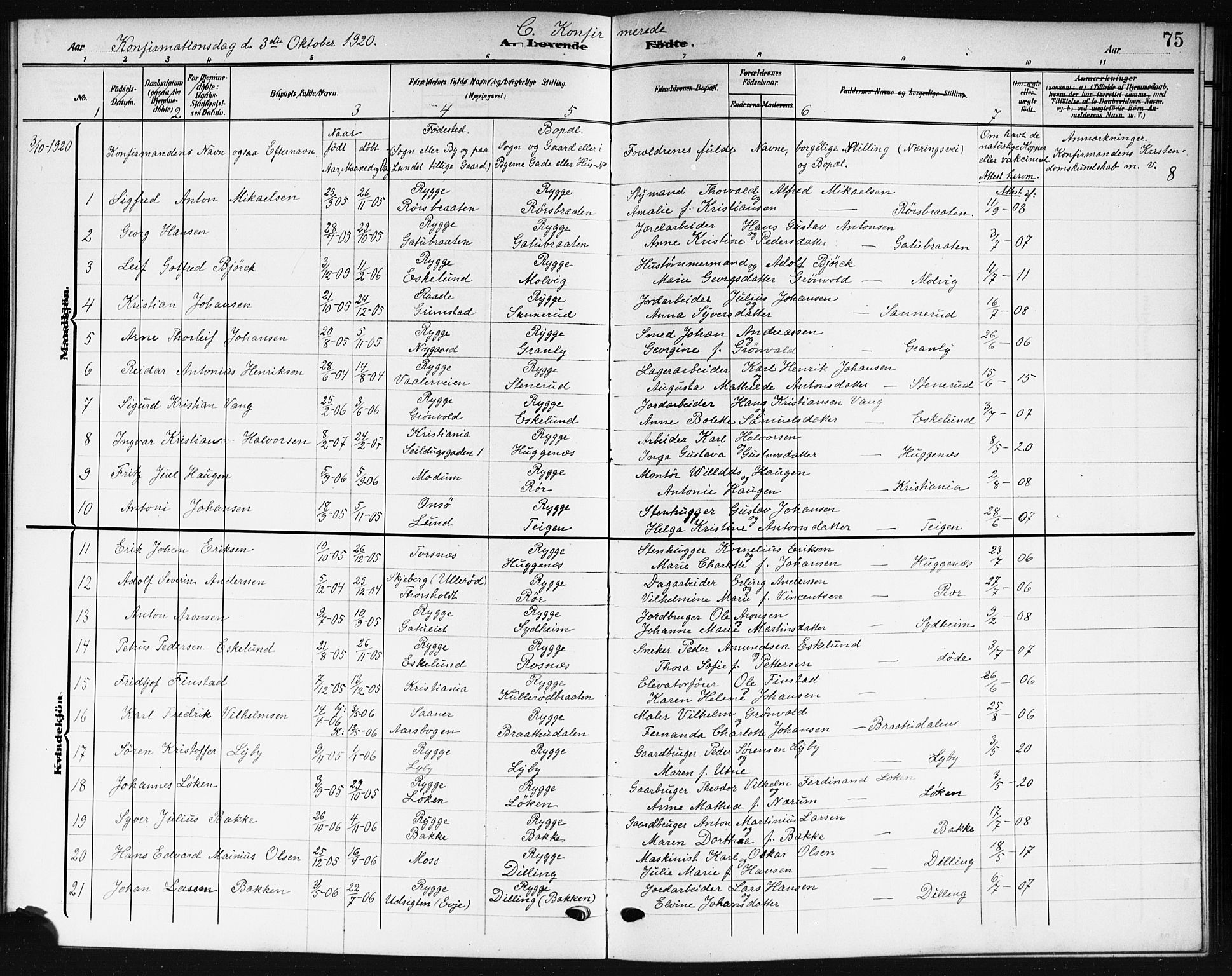 Rygge prestekontor Kirkebøker, AV/SAO-A-10084b/G/Ga/L0003: Parish register (copy) no. 3, 1906-1921, p. 75