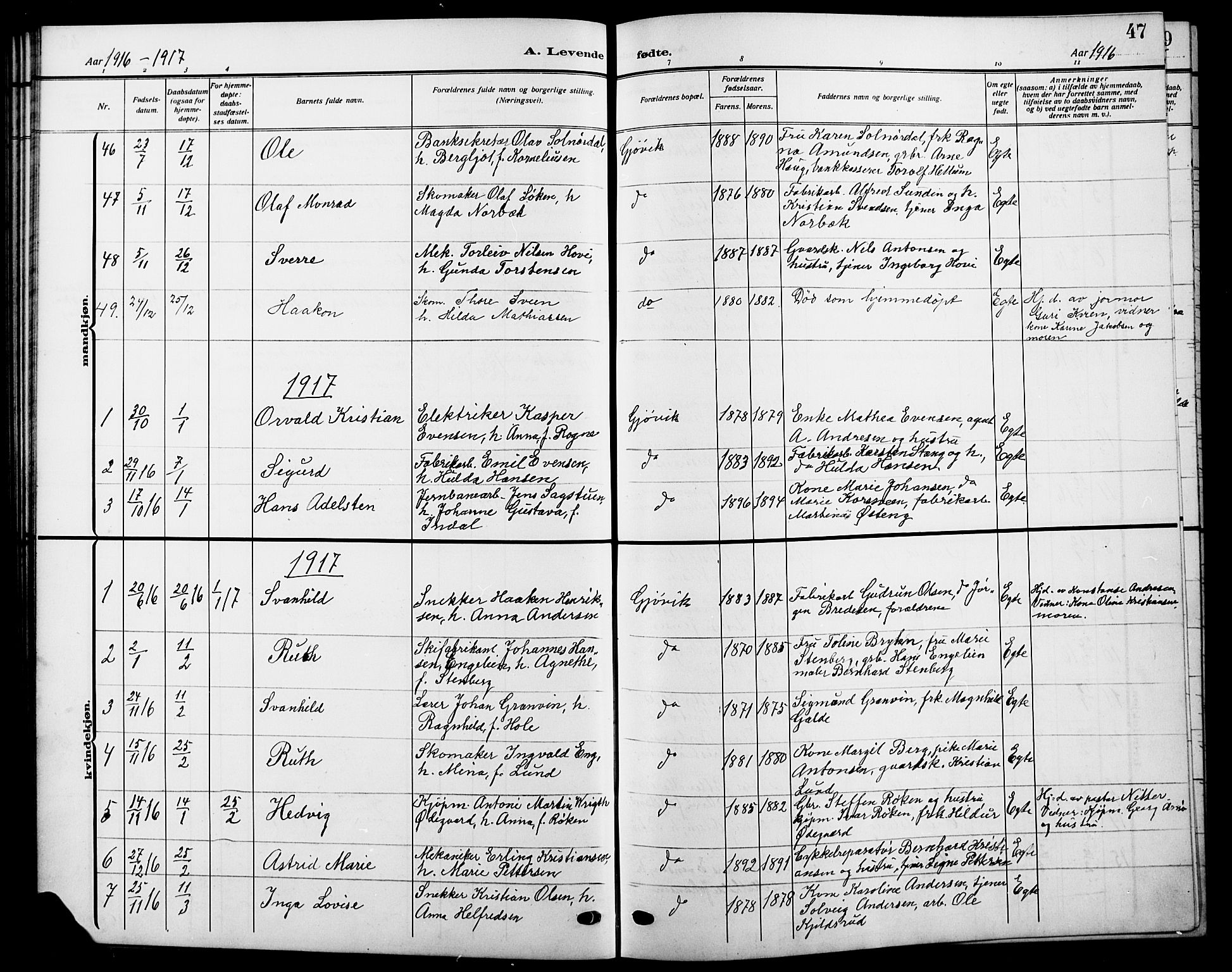 Vardal prestekontor, AV/SAH-PREST-100/H/Ha/Hab/L0014: Parish register (copy) no. 14, 1911-1922, p. 47