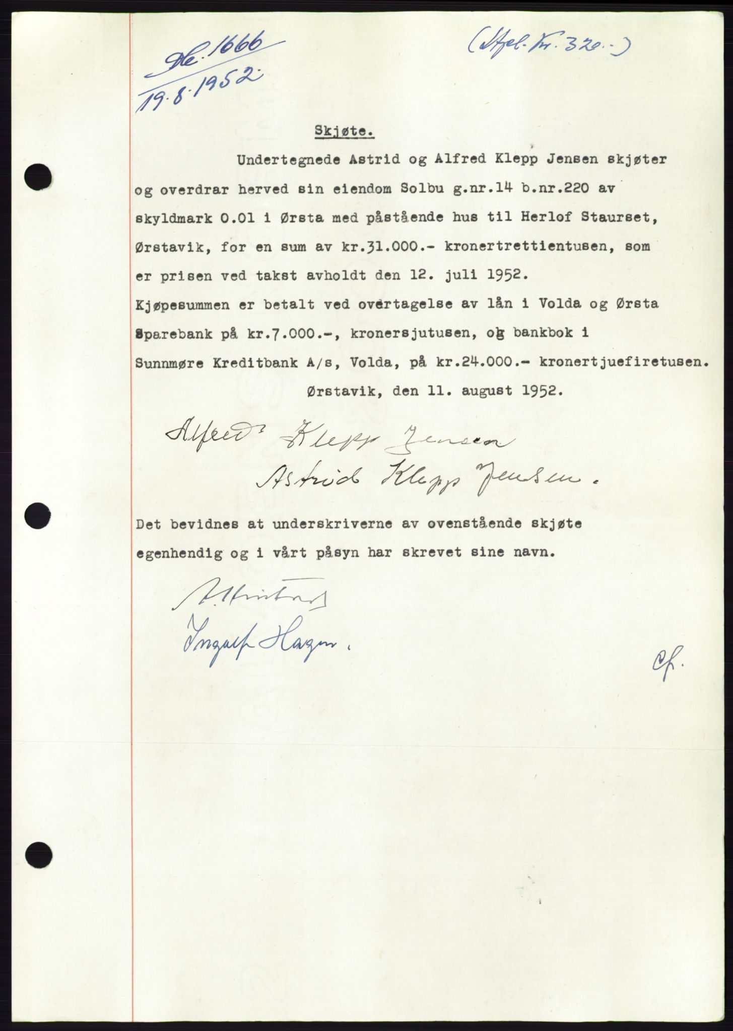 Søre Sunnmøre sorenskriveri, AV/SAT-A-4122/1/2/2C/L0092: Mortgage book no. 18A, 1952-1952, Diary no: : 1666/1952