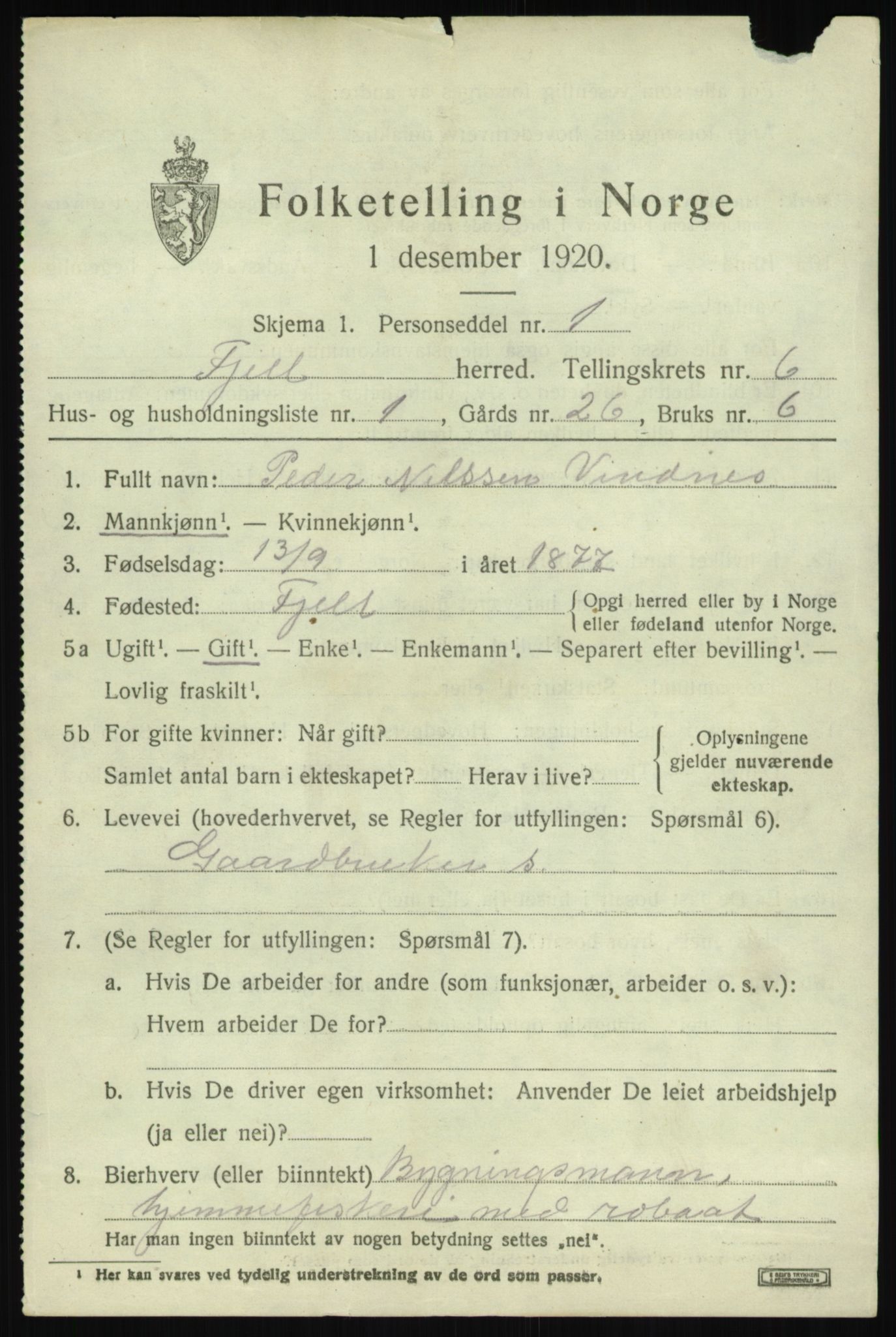 SAB, 1920 census for Fjell, 1920, p. 5214