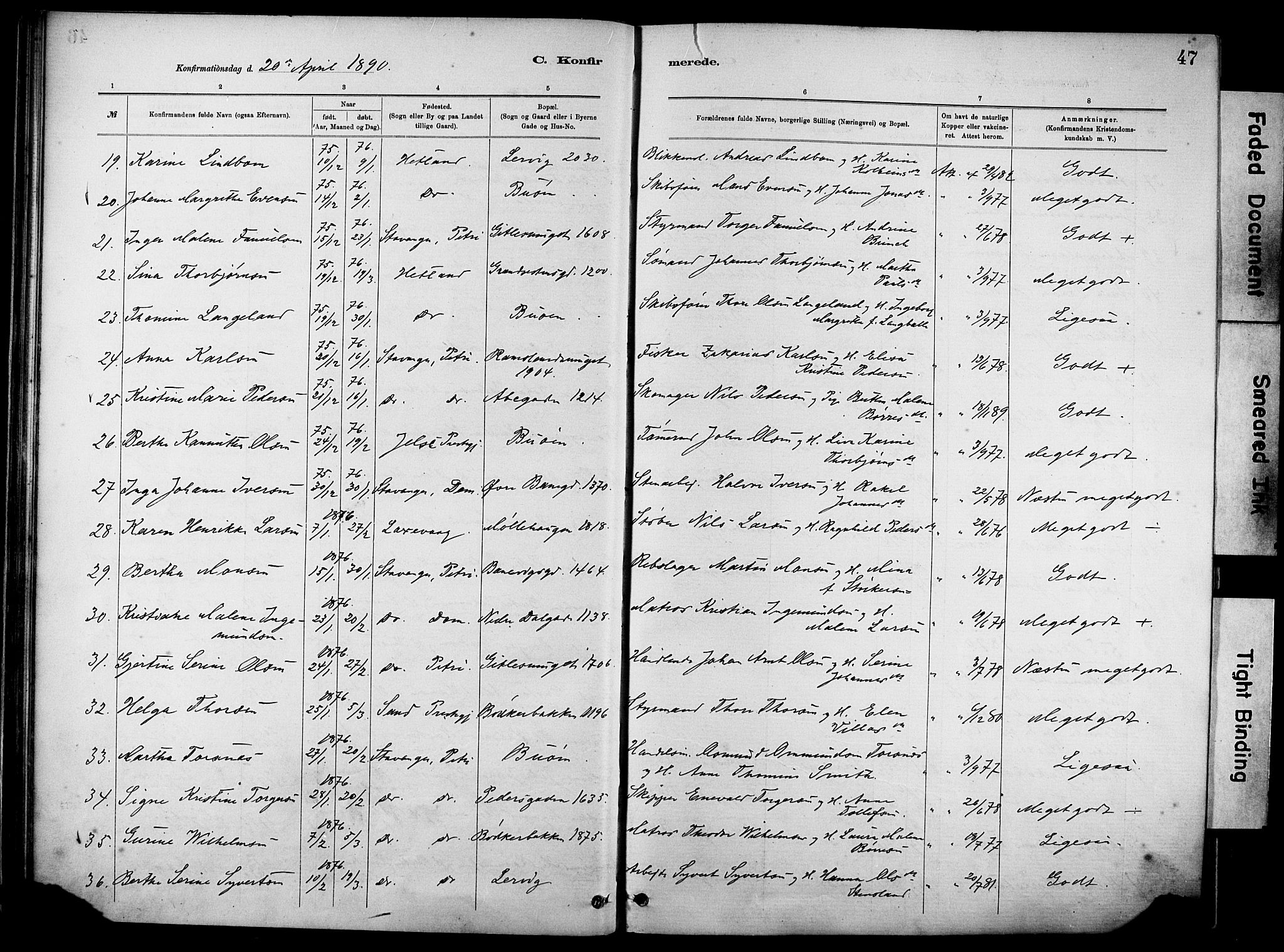 St. Johannes sokneprestkontor, SAST/A-101814/001/30/30BA/L0002: Parish register (official) no. A 2, 1885-1899, p. 47
