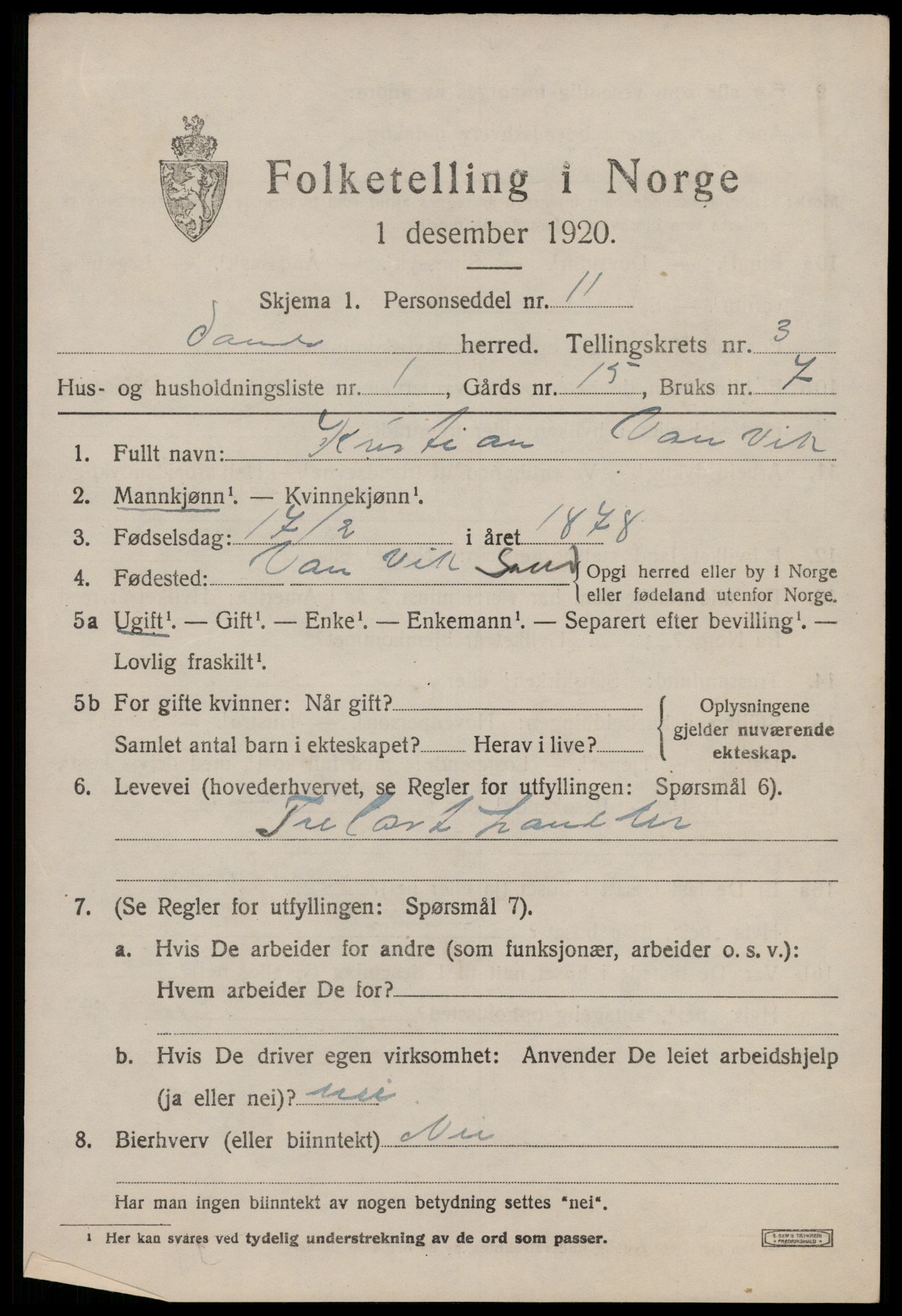 SAST, 1920 census for Sand, 1920, p. 1075