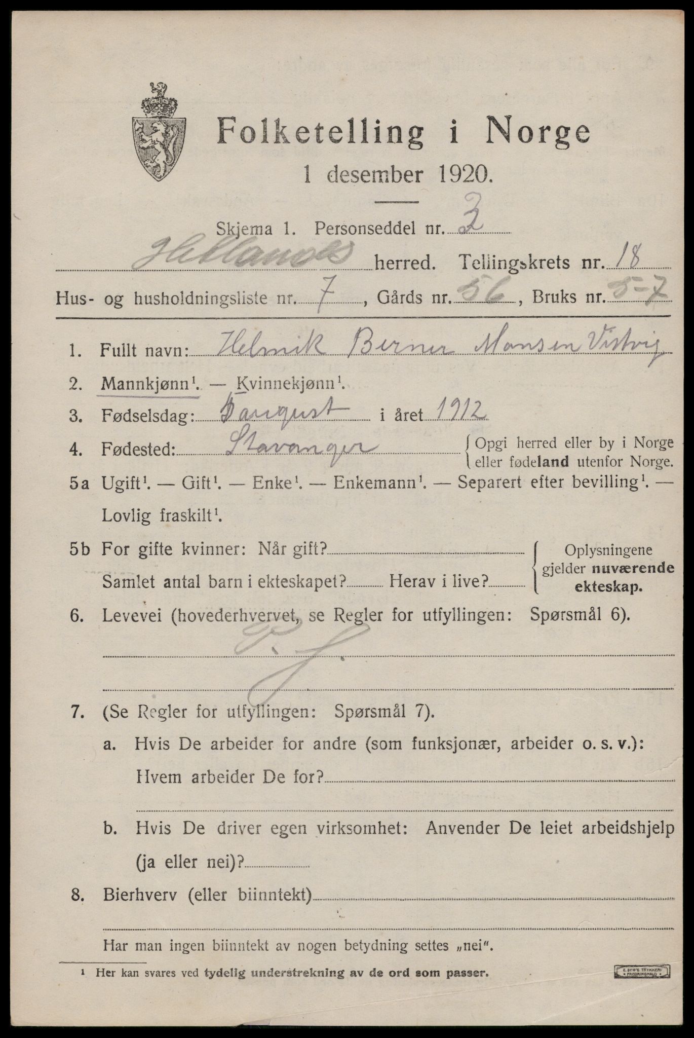 SAST, 1920 census for Hetland, 1920, p. 25145