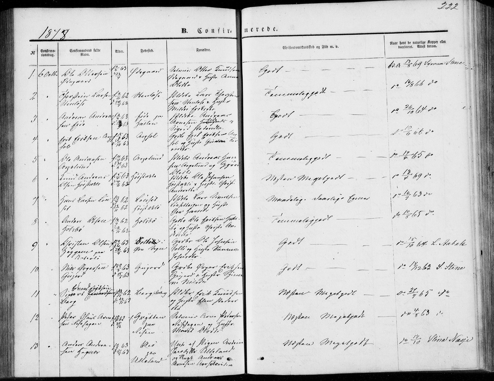 Ministerialprotokoller, klokkerbøker og fødselsregistre - Møre og Romsdal, AV/SAT-A-1454/557/L0681: Parish register (official) no. 557A03, 1869-1886, p. 222