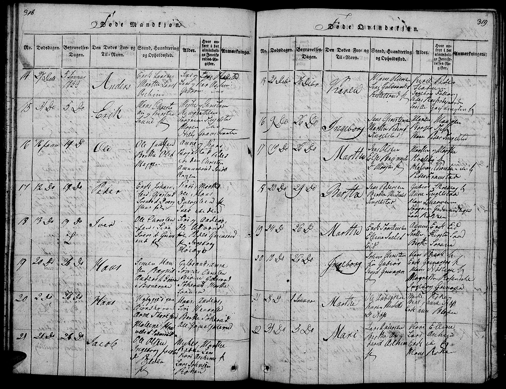 Gran prestekontor, AV/SAH-PREST-112/H/Ha/Hab/L0001: Parish register (copy) no. 1, 1815-1824, p. 318-319