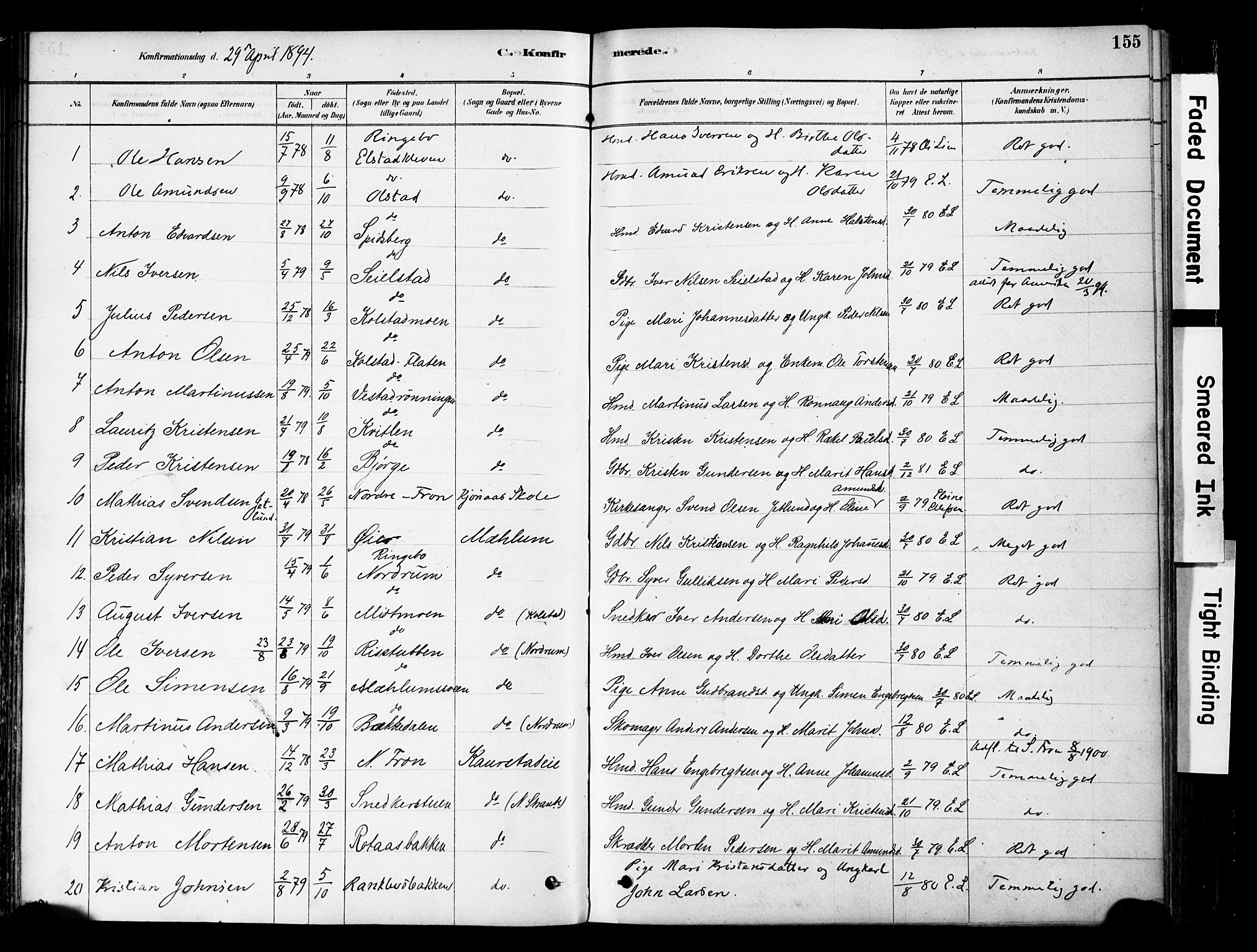 Ringebu prestekontor, AV/SAH-PREST-082/H/Ha/Haa/L0008: Parish register (official) no. 8, 1878-1898, p. 155