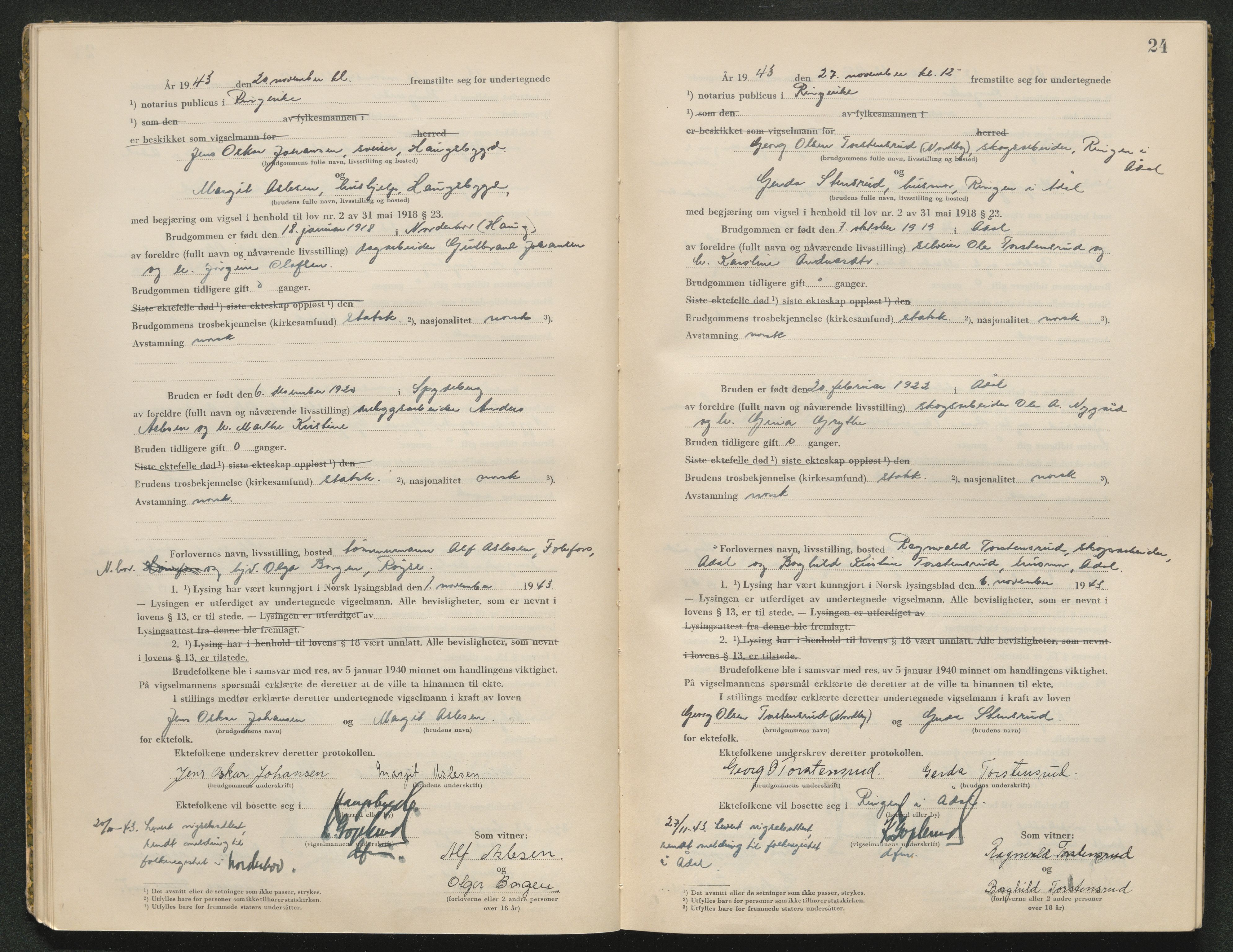 Ringerike sorenskriveri, AV/SAKO-A-105/L/Lc/L0003: Vigselsbok, 1943-1944, p. 24