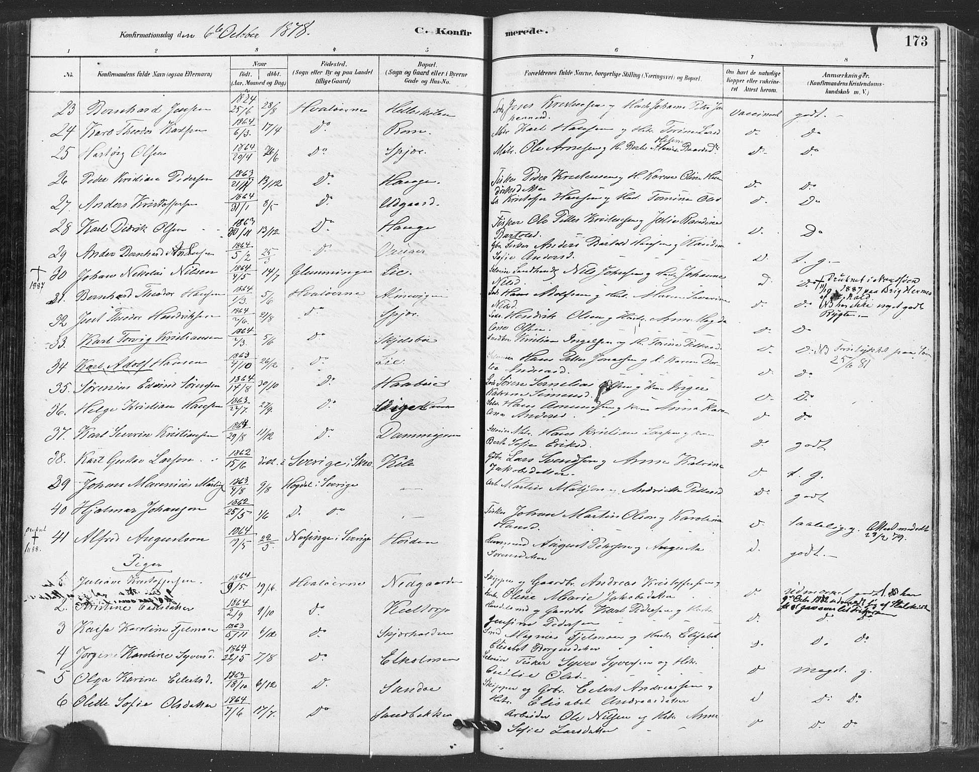 Hvaler prestekontor Kirkebøker, AV/SAO-A-2001/F/Fa/L0008: Parish register (official) no. I 8, 1878-1895, p. 173