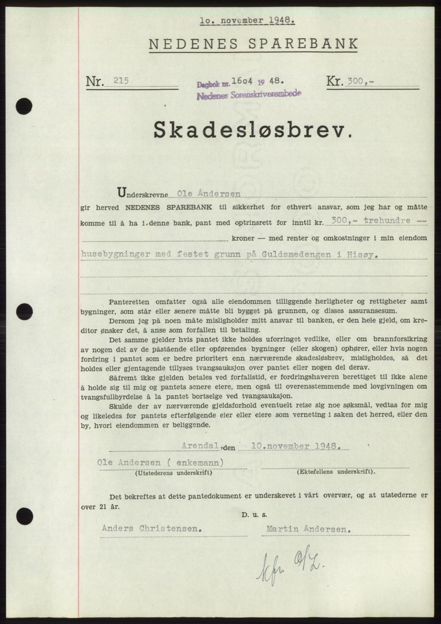 Nedenes sorenskriveri, AV/SAK-1221-0006/G/Gb/Gbb/L0005: Mortgage book no. B5, 1948-1948, Diary no: : 1604/1948