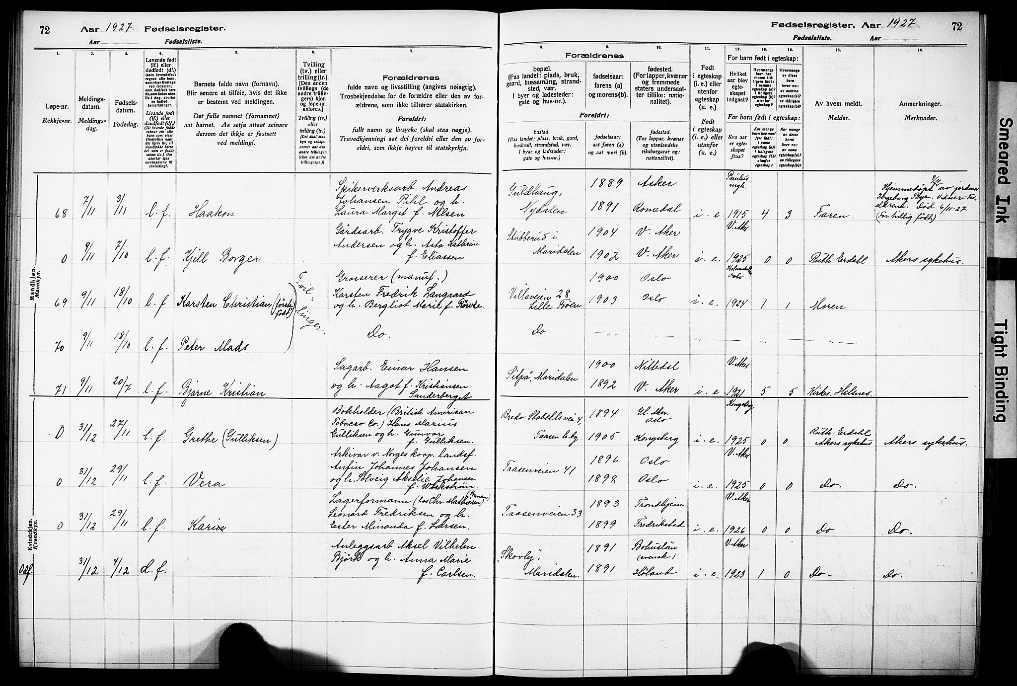 Vestre Aker prestekontor Kirkebøker, AV/SAO-A-10025/J/Ja/L0003: Birth register no. 3, 1926-1930, p. 72