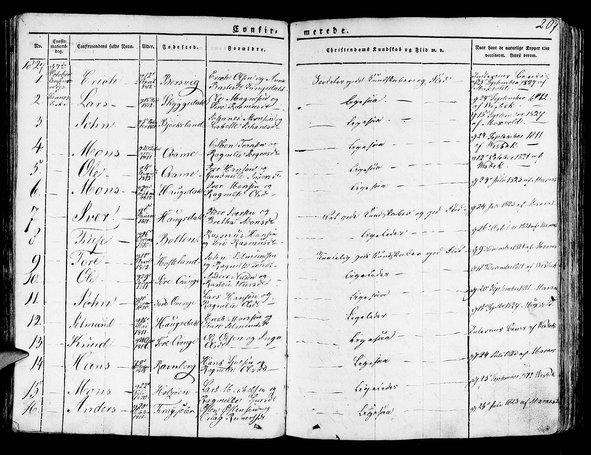 Lindås Sokneprestembete, SAB/A-76701/H/Haa: Parish register (official) no. A 8, 1823-1836, p. 207
