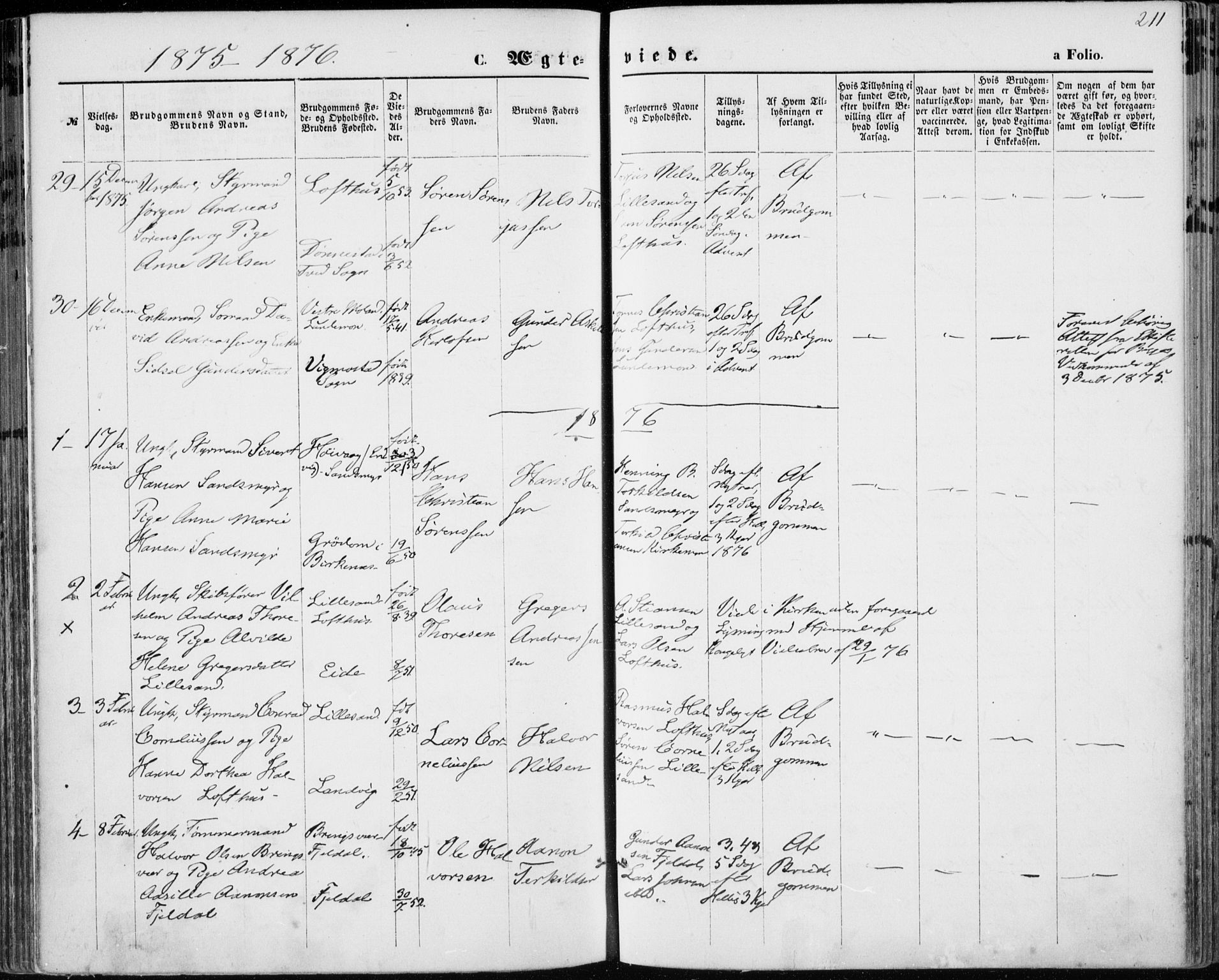 Vestre Moland sokneprestkontor, SAK/1111-0046/F/Fa/Fab/L0008: Parish register (official) no. A 8, 1873-1883, p. 211
