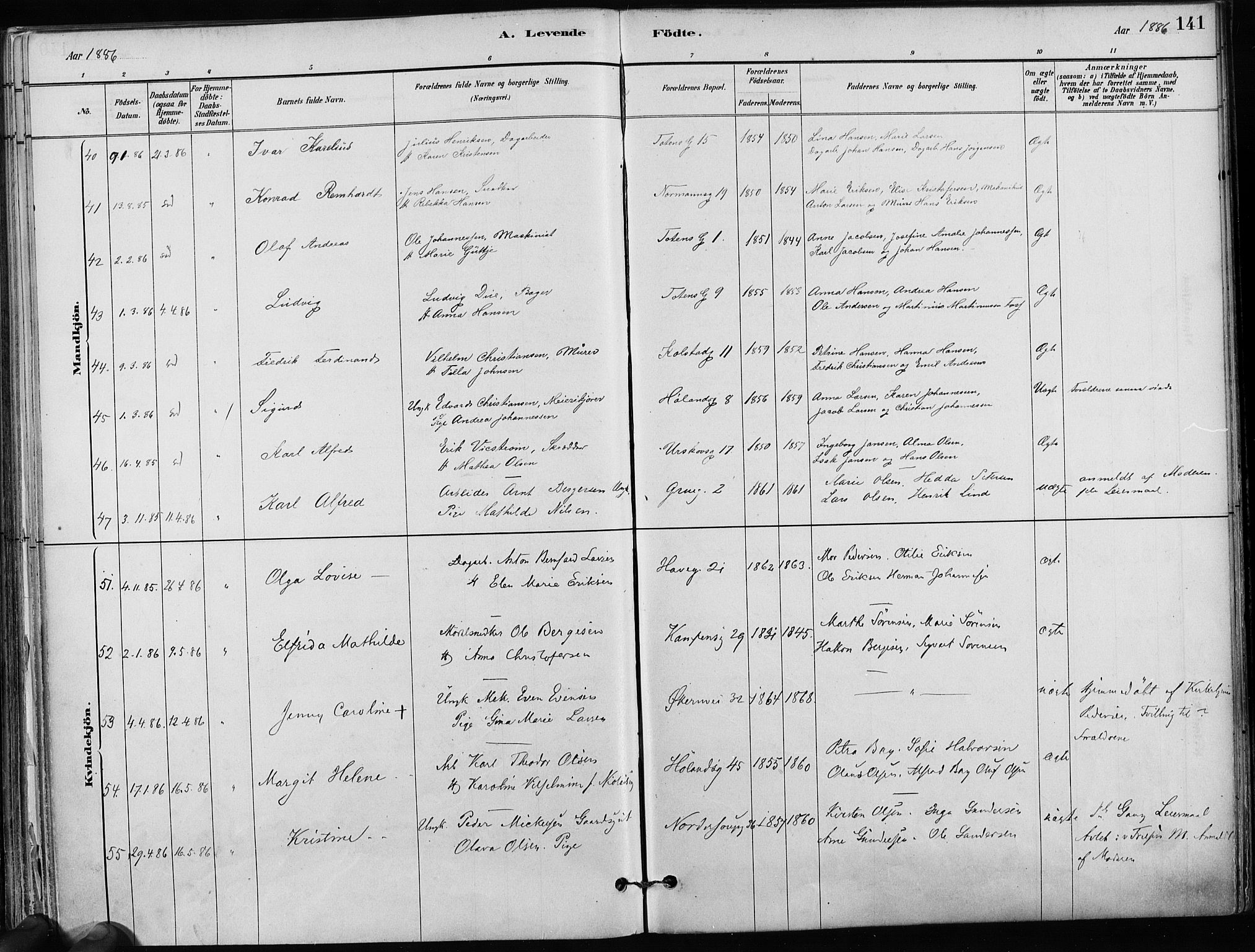 Kampen prestekontor Kirkebøker, AV/SAO-A-10853/F/Fa/L0001: Parish register (official) no. I 1, 1880-1886, p. 141