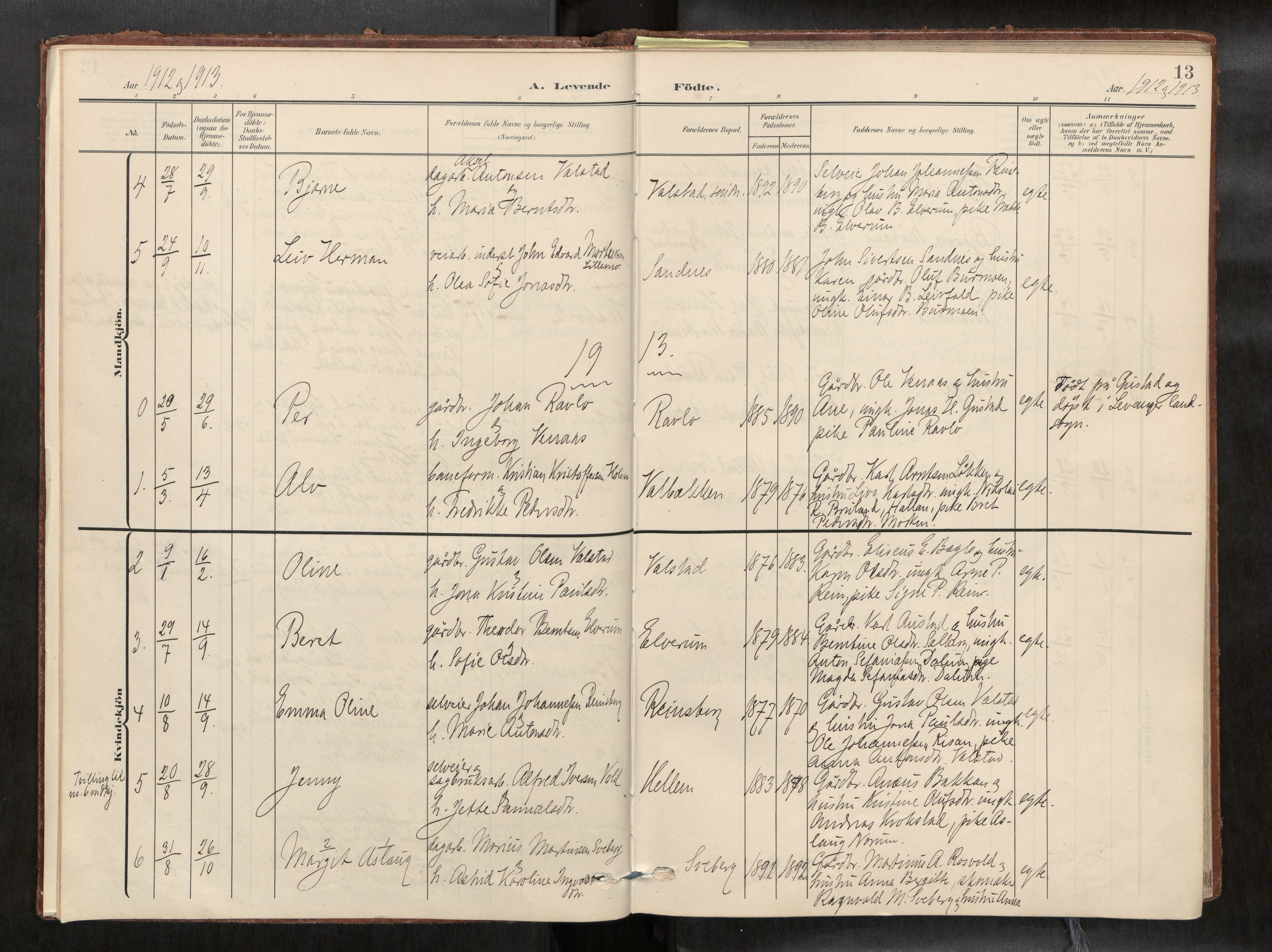 Verdal sokneprestkontor, AV/SAT-A-1156/2/H/Haa/L0003: Parish register (official) no. 3, 1907-1921, p. 13