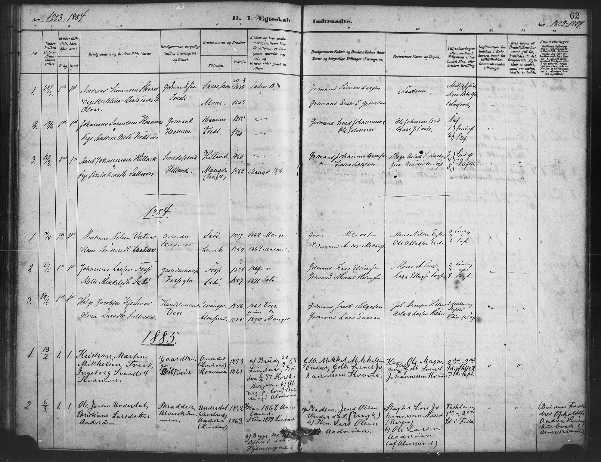 Alversund Sokneprestembete, SAB/A-73901/H/Ha/Haa/Haaa/L0001: Parish register (official) no. A 1, 1882-1896, p. 62