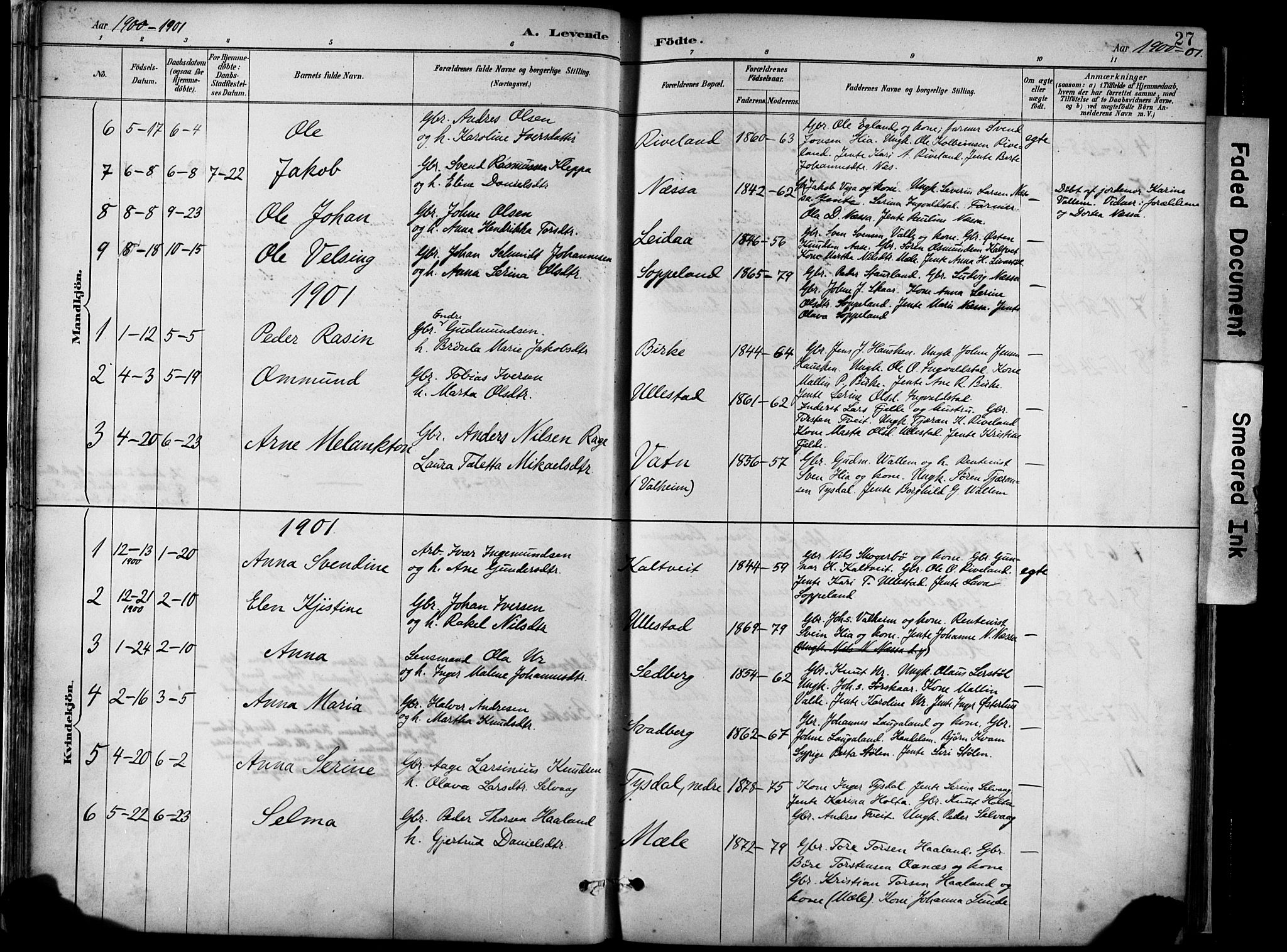 Hjelmeland sokneprestkontor, AV/SAST-A-101843/02/A/L0001: Parish register (official) no. A 16, 1887-1926, p. 27