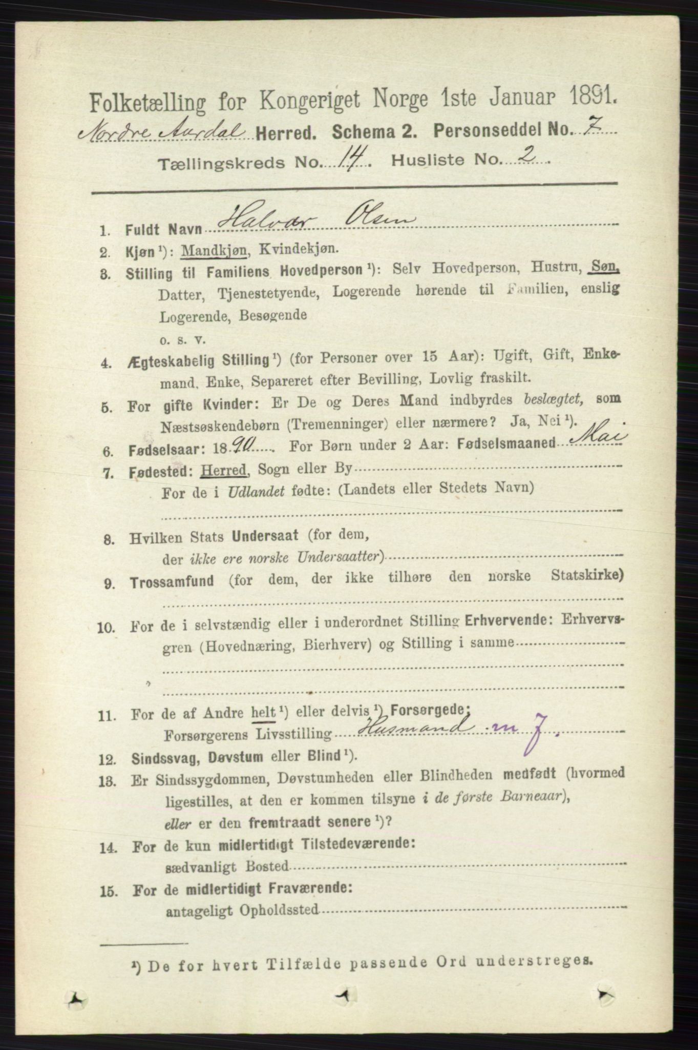 RA, 1891 census for 0542 Nord-Aurdal, 1891, p. 5222