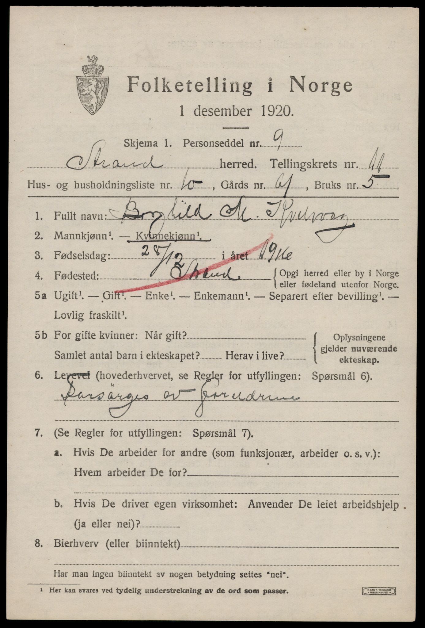 SAST, 1920 census for Strand, 1920, p. 7165