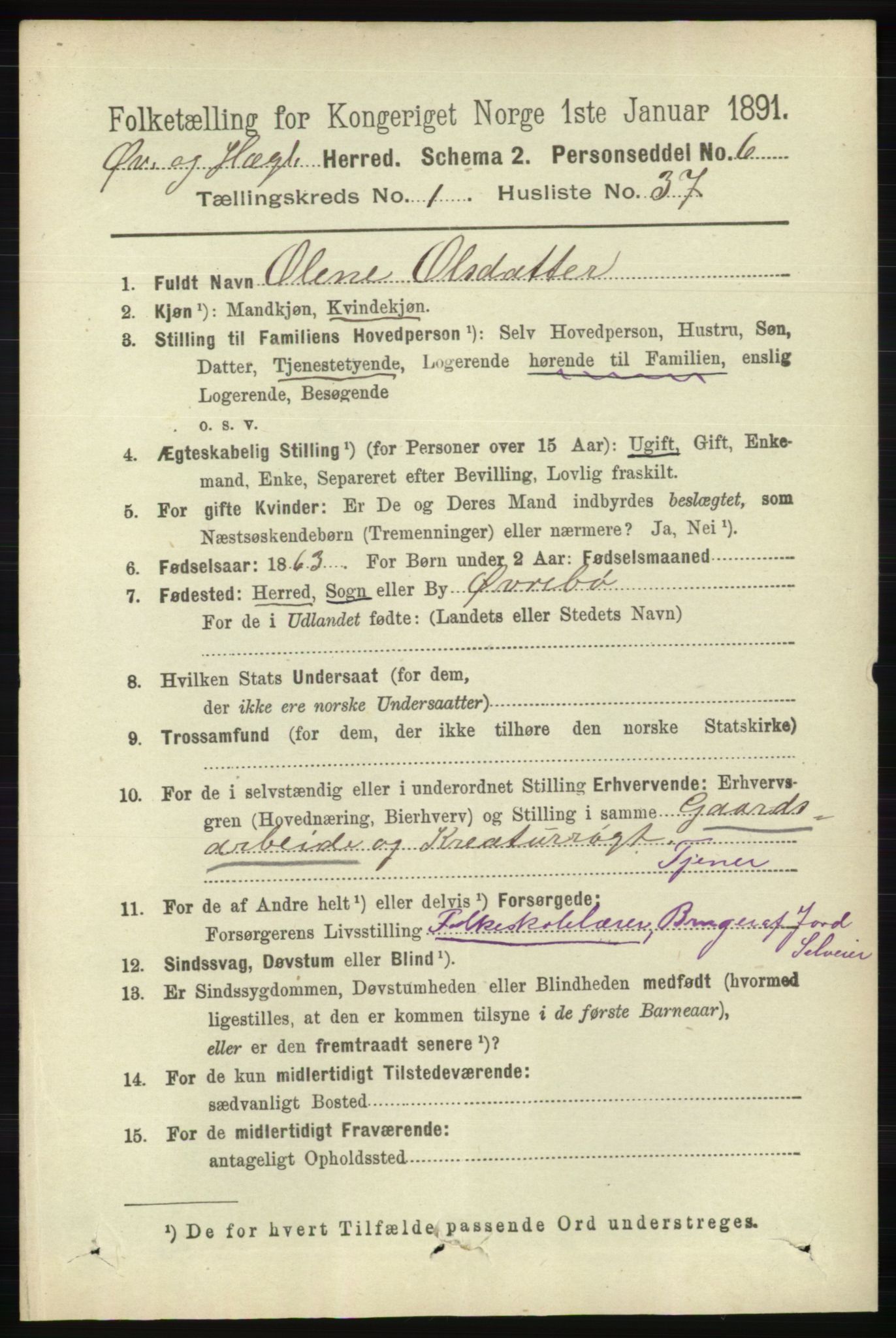 RA, 1891 census for 1016 Øvrebø og Hægeland, 1891, p. 279