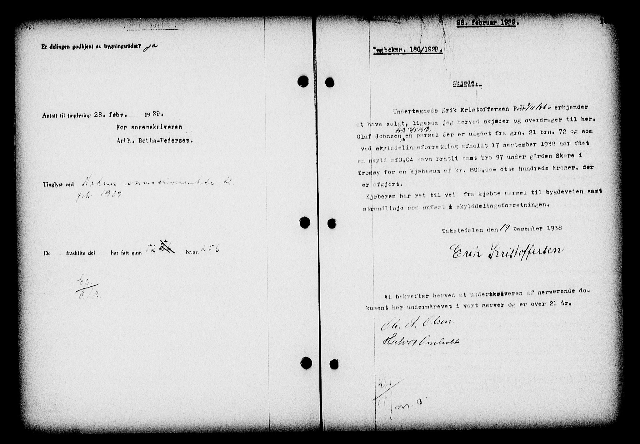 Nedenes sorenskriveri, SAK/1221-0006/G/Gb/Gba/L0046: Mortgage book no. 42, 1938-1939, Diary no: : 186/1939