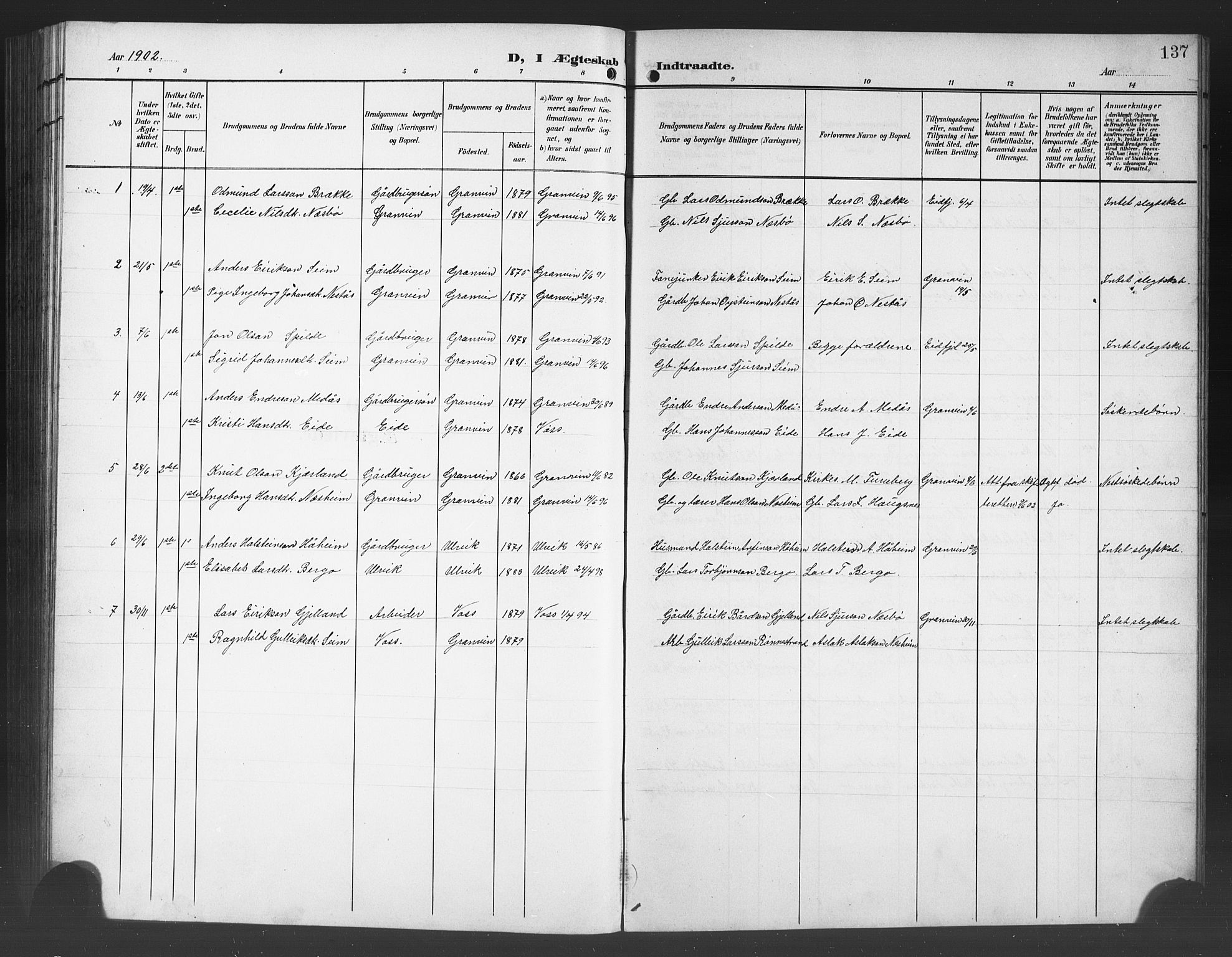 Ulvik sokneprestembete, SAB/A-78801/H/Hab: Parish register (copy) no. B 4, 1902-1923, p. 137