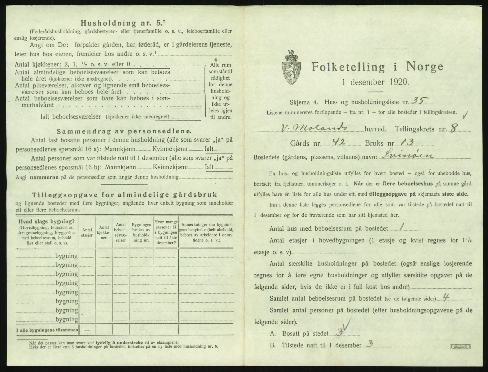 SAK, 1920 census for Vestre Moland, 1920, p. 1021