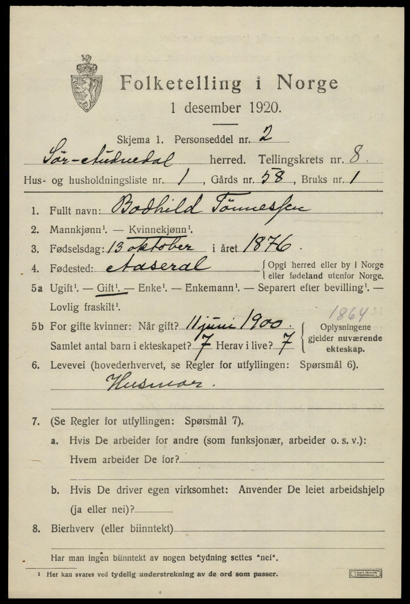 SAK, 1920 census for Sør-Audnedal, 1920, p. 3181