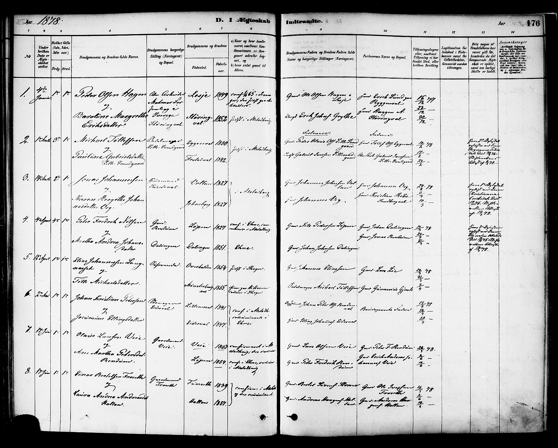 Ministerialprotokoller, klokkerbøker og fødselsregistre - Nord-Trøndelag, SAT/A-1458/717/L0159: Parish register (official) no. 717A09, 1878-1898, p. 176