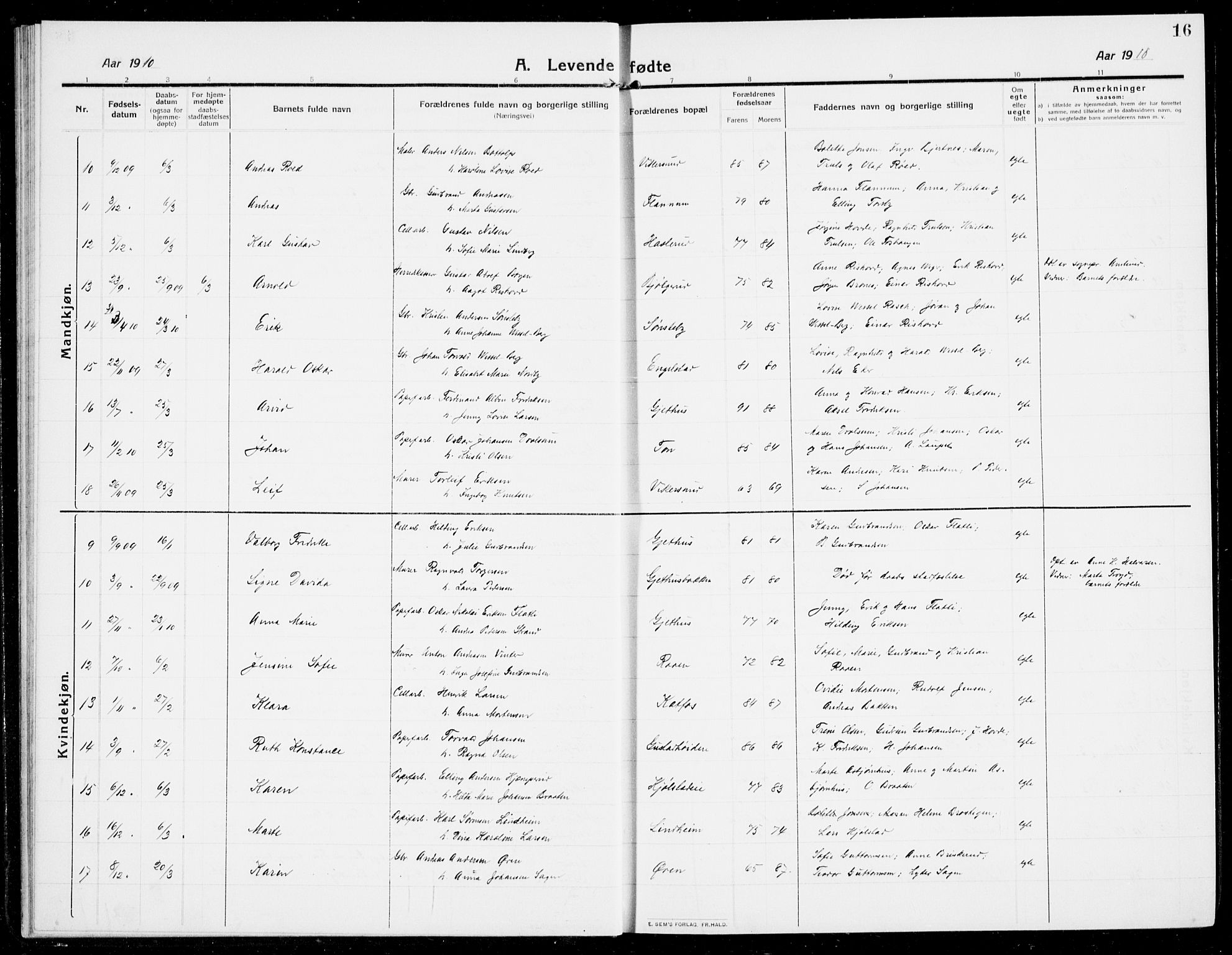Modum kirkebøker, AV/SAKO-A-234/G/Ga/L0009: Parish register (copy) no. I 9, 1909-1923, p. 16