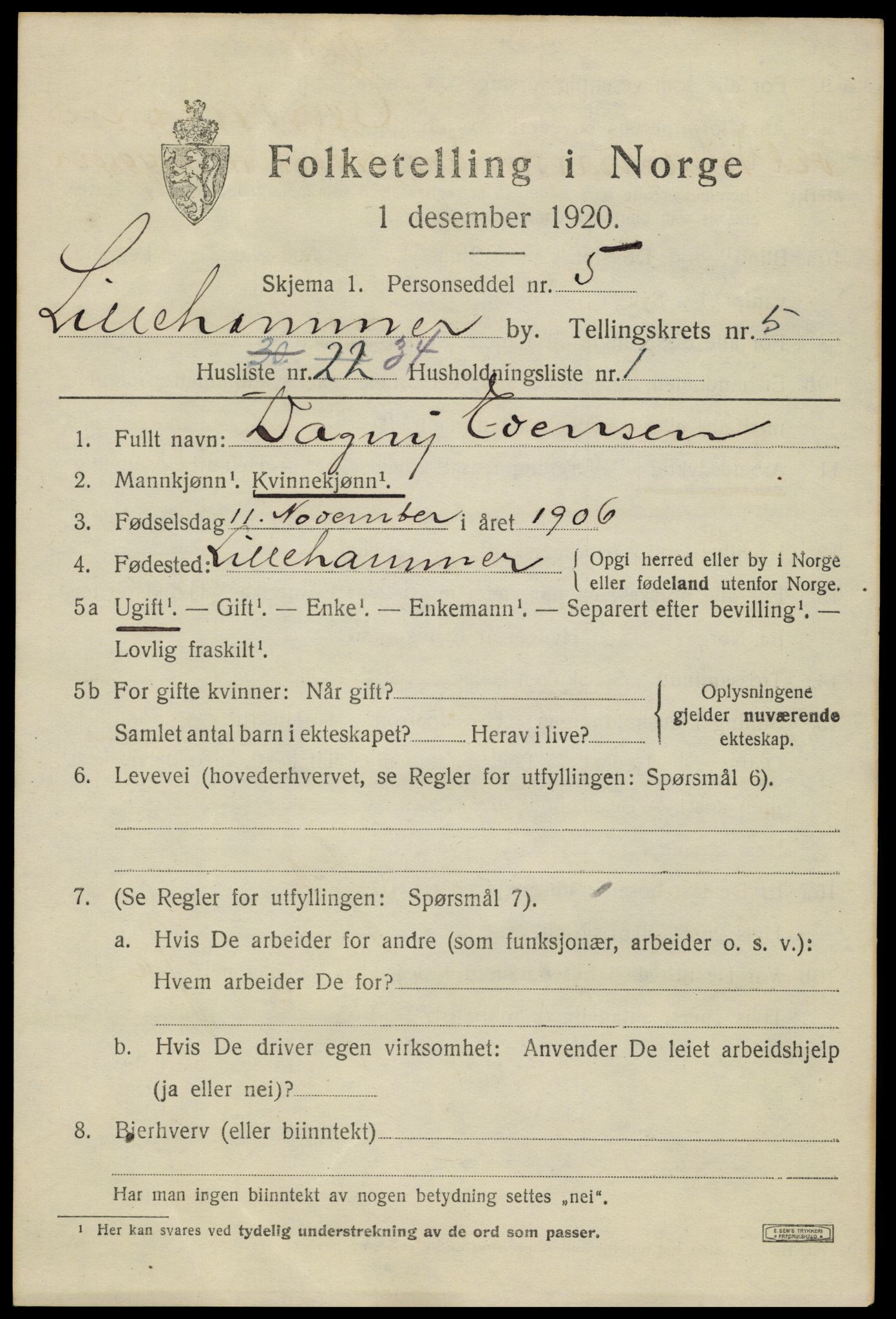 SAH, 1920 census for Lillehammer, 1920, p. 8212