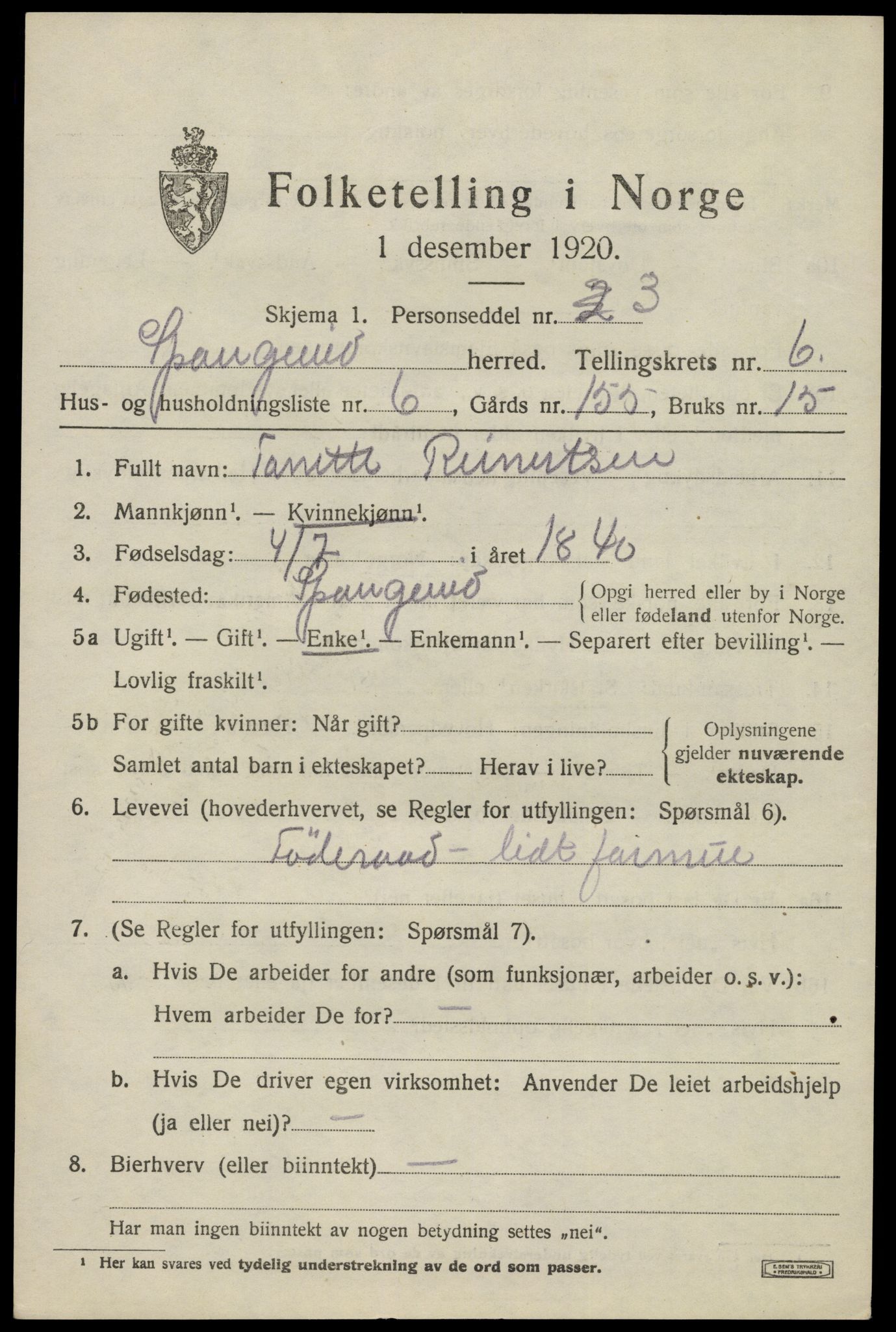 SAK, 1920 census for Spangereid, 1920, p. 2245