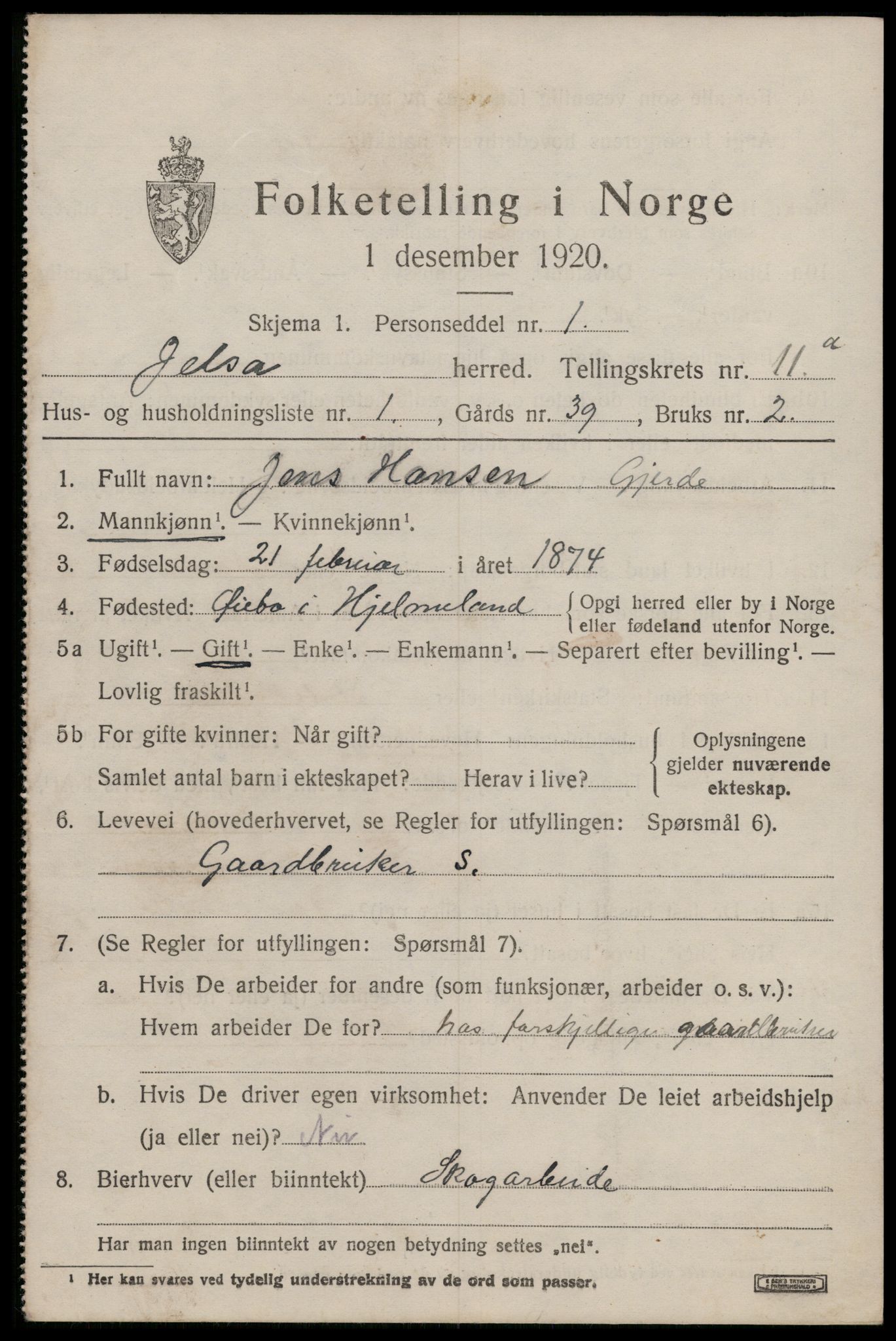 SAST, 1920 census for Jelsa, 1920, p. 2878