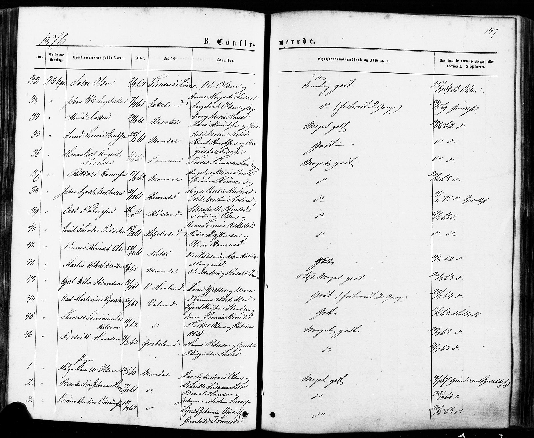 Mandal sokneprestkontor, SAK/1111-0030/F/Fa/Faa/L0015: Parish register (official) no. A 15, 1873-1879, p. 147