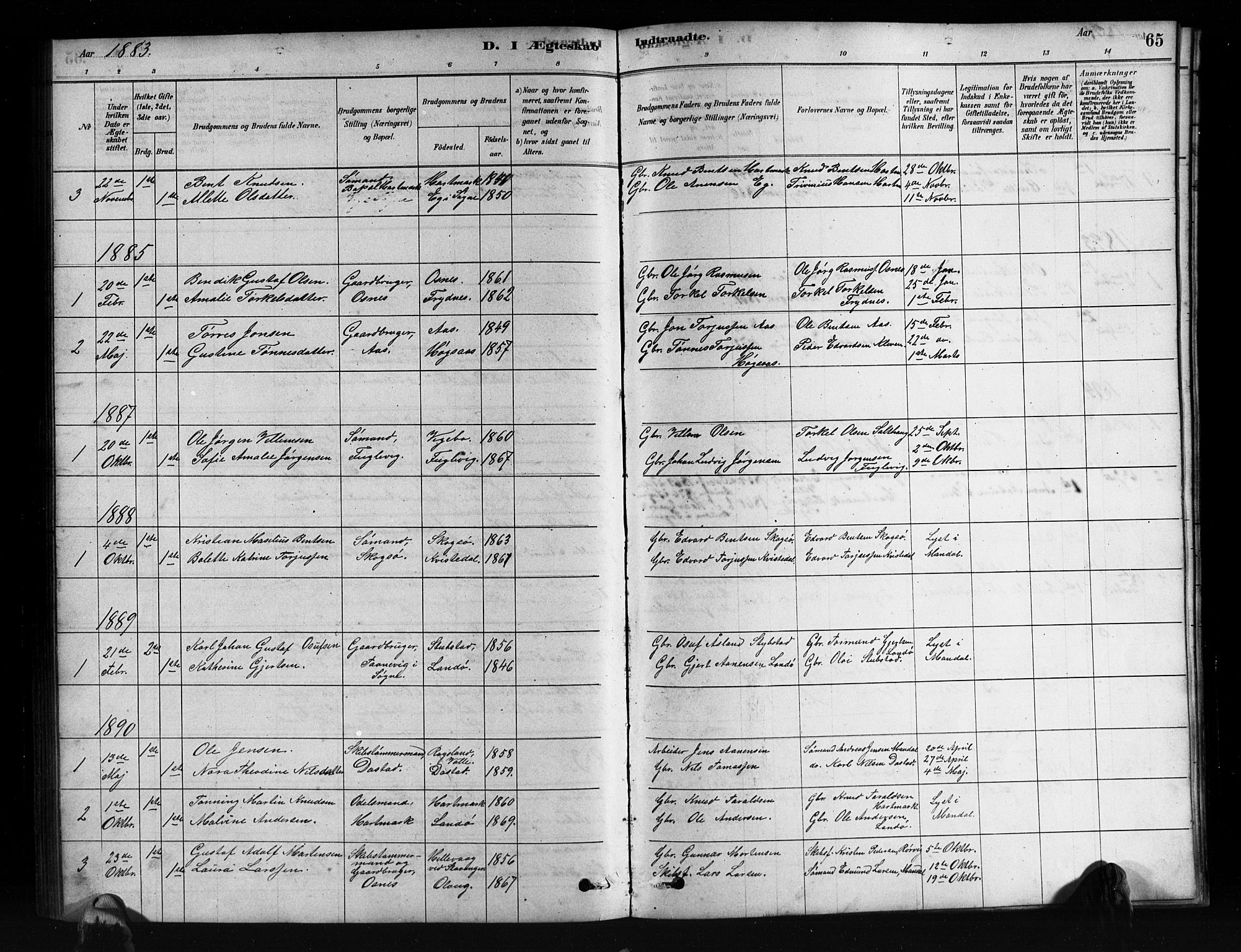 Mandal sokneprestkontor, AV/SAK-1111-0030/F/Fb/Fbb/L0004: Parish register (copy) no. B 4, 1878-1913, p. 65