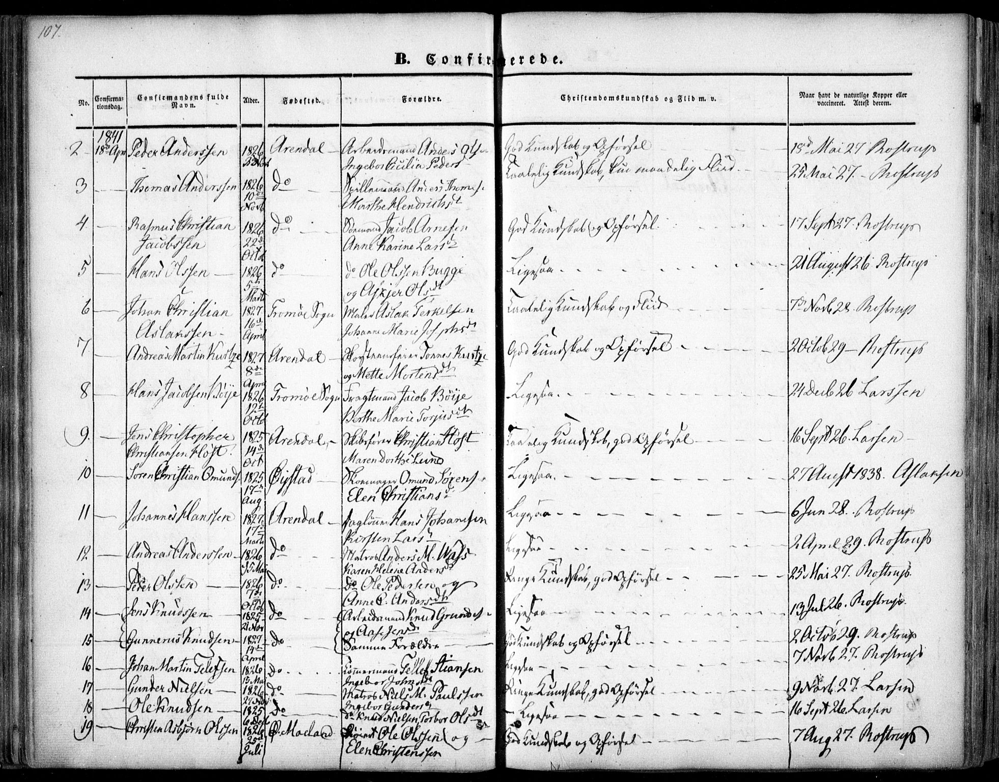 Arendal sokneprestkontor, Trefoldighet, AV/SAK-1111-0040/F/Fa/L0005: Parish register (official) no. A 5, 1838-1854, p. 107