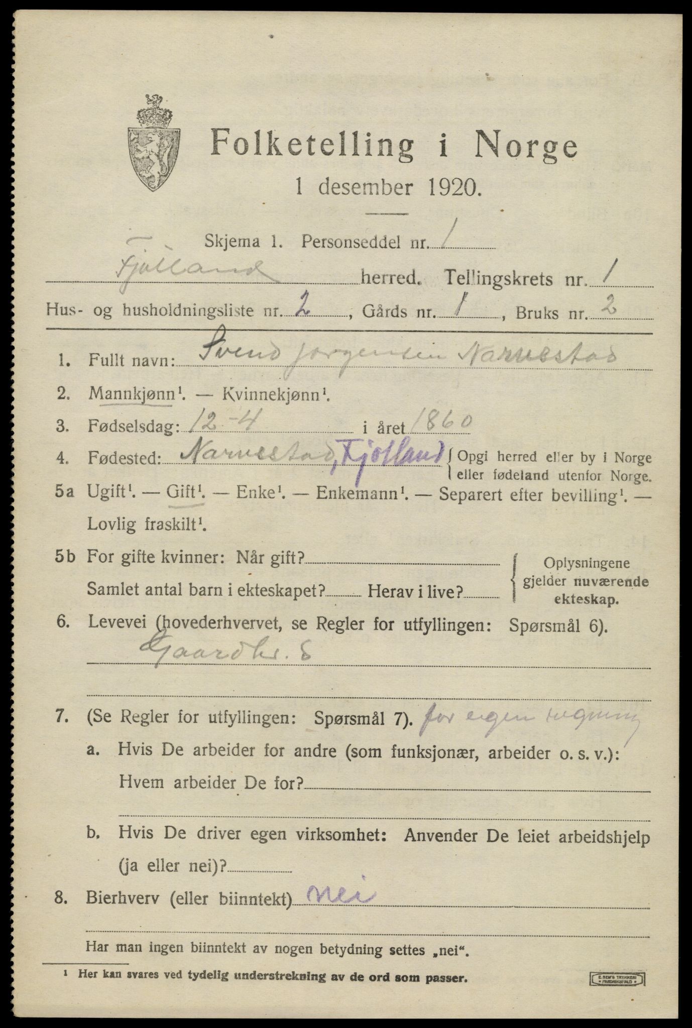 SAK, 1920 census for Fjotland, 1920, p. 430