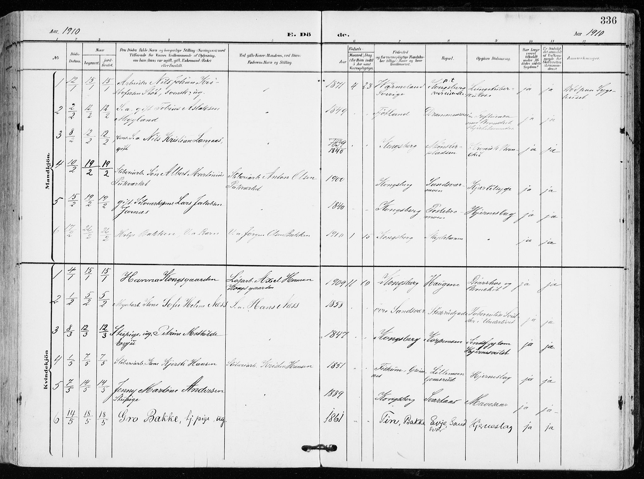 Kongsberg kirkebøker, AV/SAKO-A-22/F/Fb/L0004: Parish register (official) no. II 4, 1906-1918, p. 336