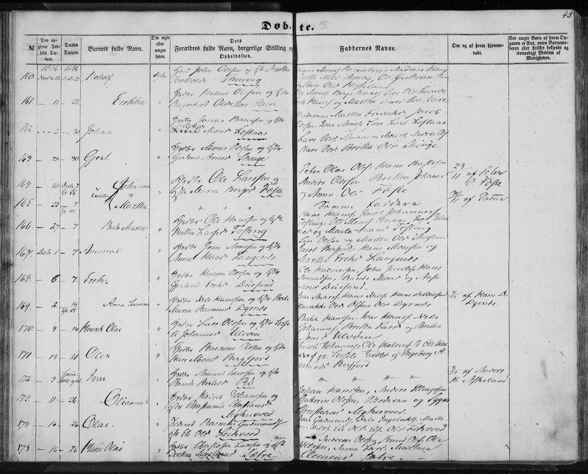 Lindås Sokneprestembete, AV/SAB-A-76701/H/Haa/Haaa/L0011: Parish register (official) no. A 11, 1854-1869, p. 43