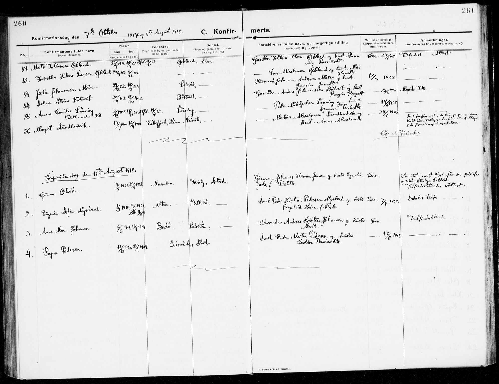Stord sokneprestembete, SAB/A-78201/H/Haa: Parish register (official) no. B 3, 1913-1925, p. 260-261