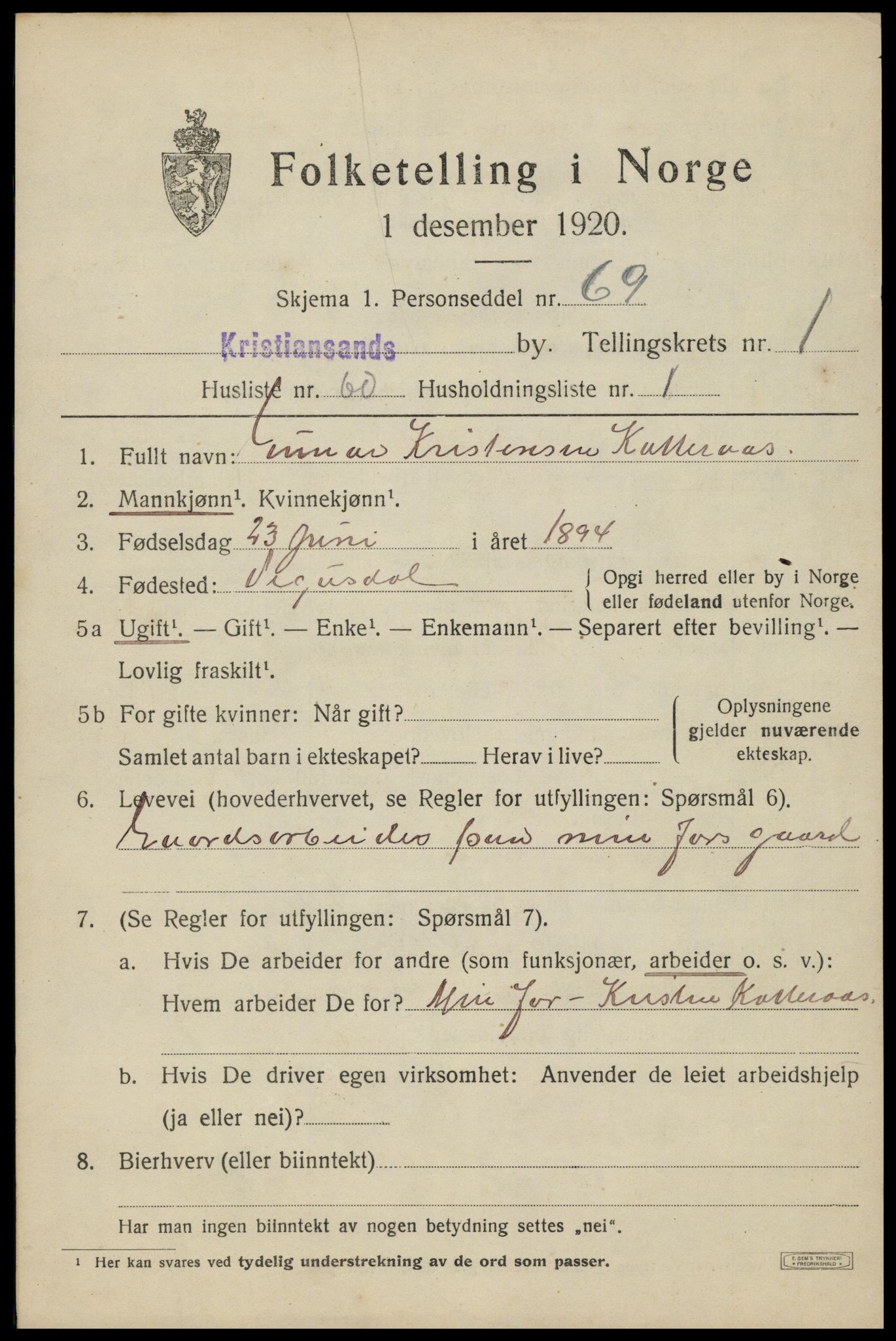 SAK, 1920 census for Kristiansand, 1920, p. 12303