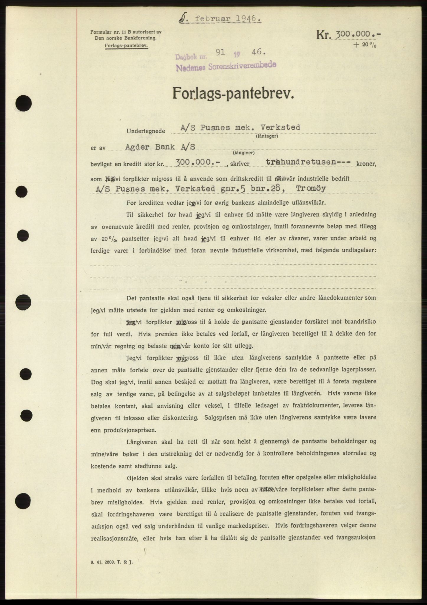 Nedenes sorenskriveri, SAK/1221-0006/G/Gb/Gbb/L0003: Mortgage book no. B3b, 1946-1946, Diary no: : 91/1946