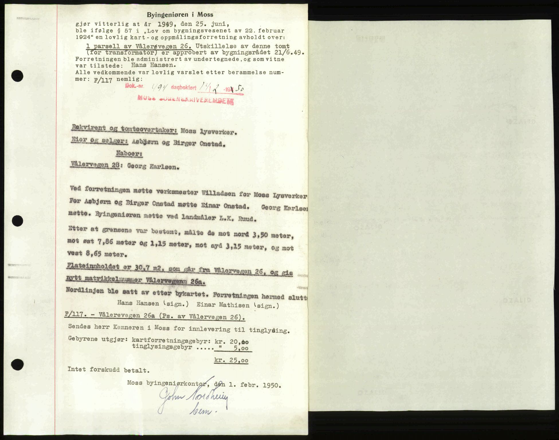 Moss sorenskriveri, SAO/A-10168: Mortgage book no. A25, 1950-1950, Diary no: : 494/1950