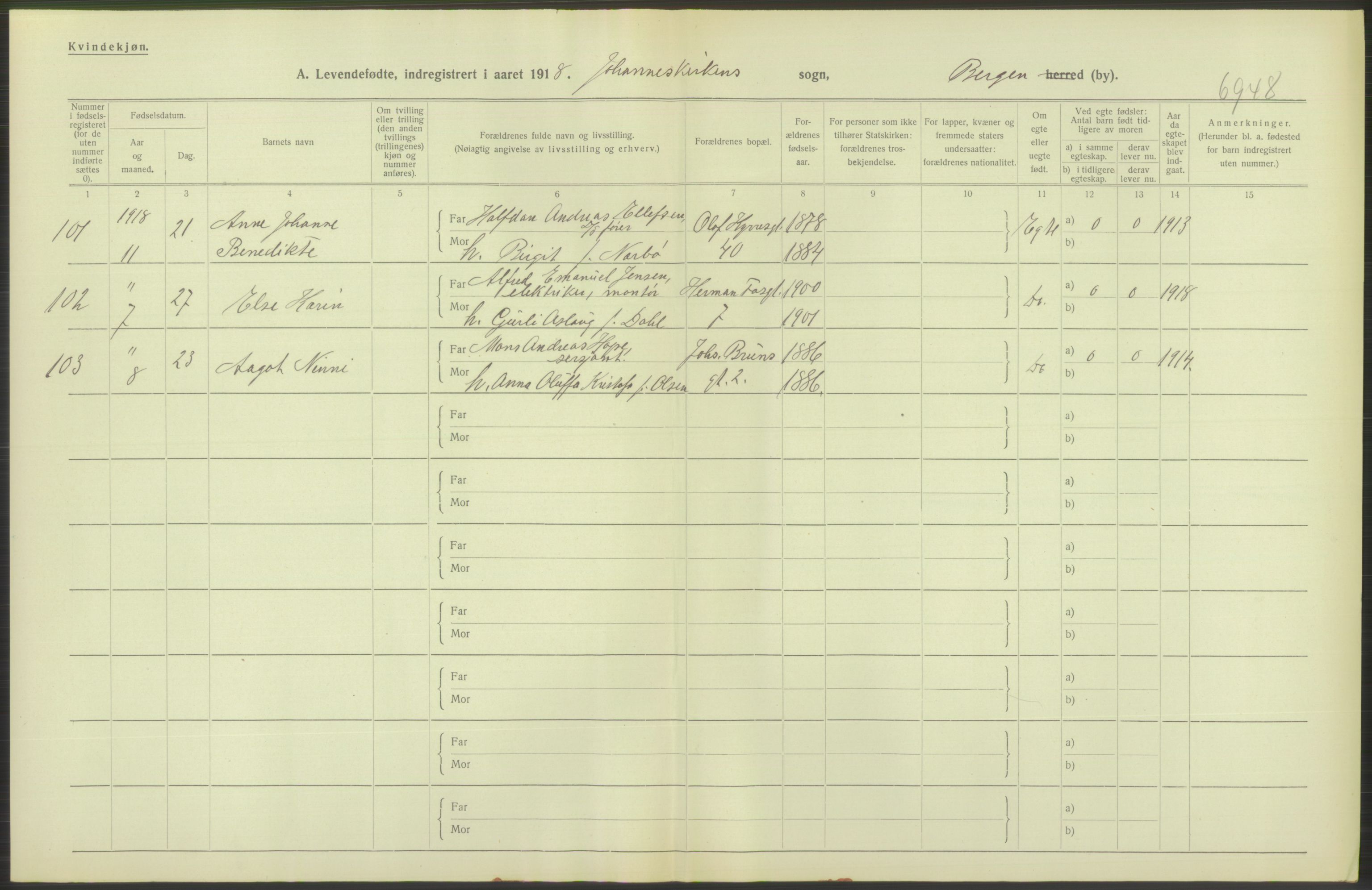 Statistisk sentralbyrå, Sosiodemografiske emner, Befolkning, AV/RA-S-2228/D/Df/Dfb/Dfbh/L0037: Bergen: Levendefødte menn og kvinner., 1918, p. 508