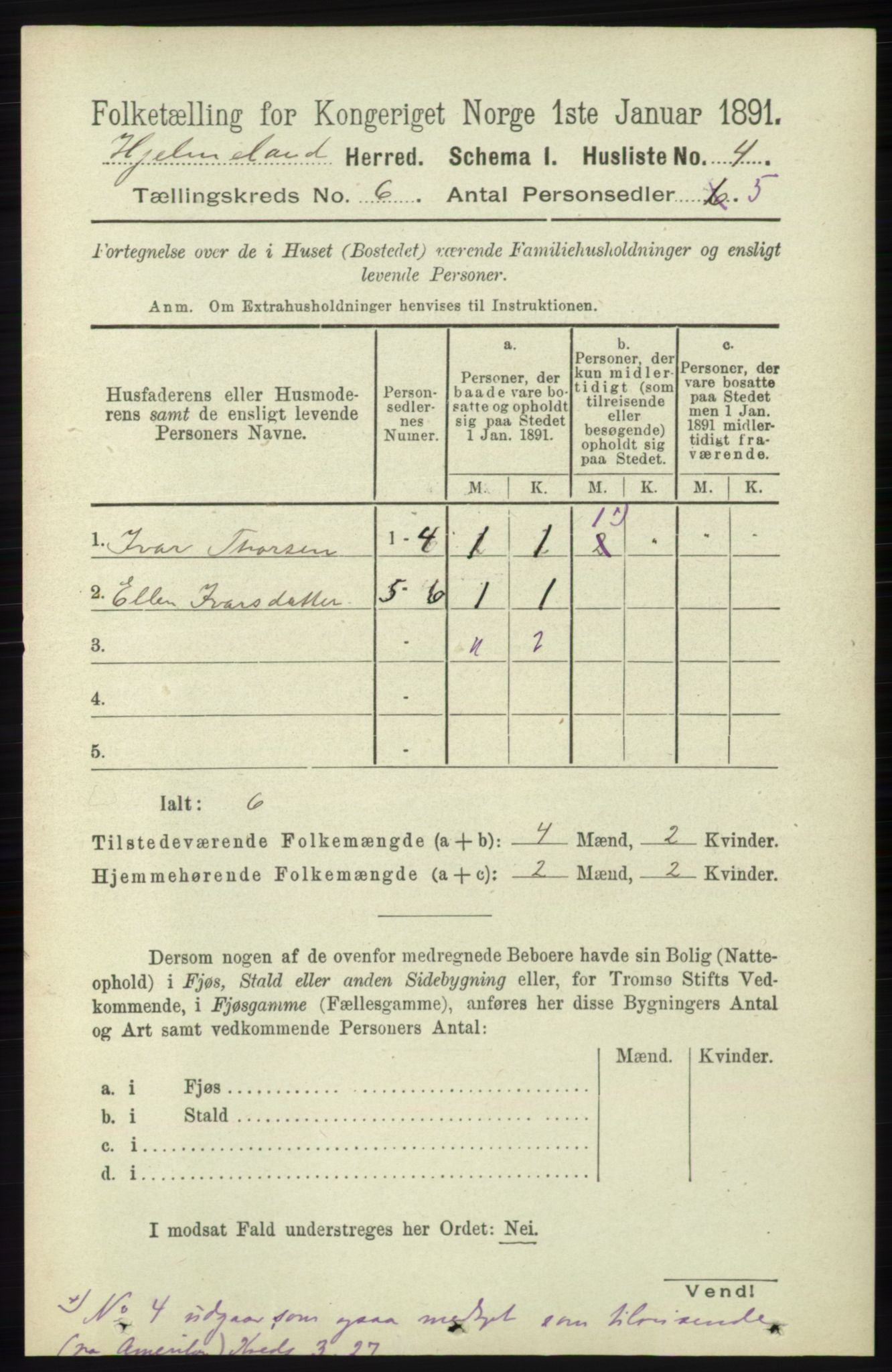 RA, 1891 census for 1133 Hjelmeland, 1891, p. 1500