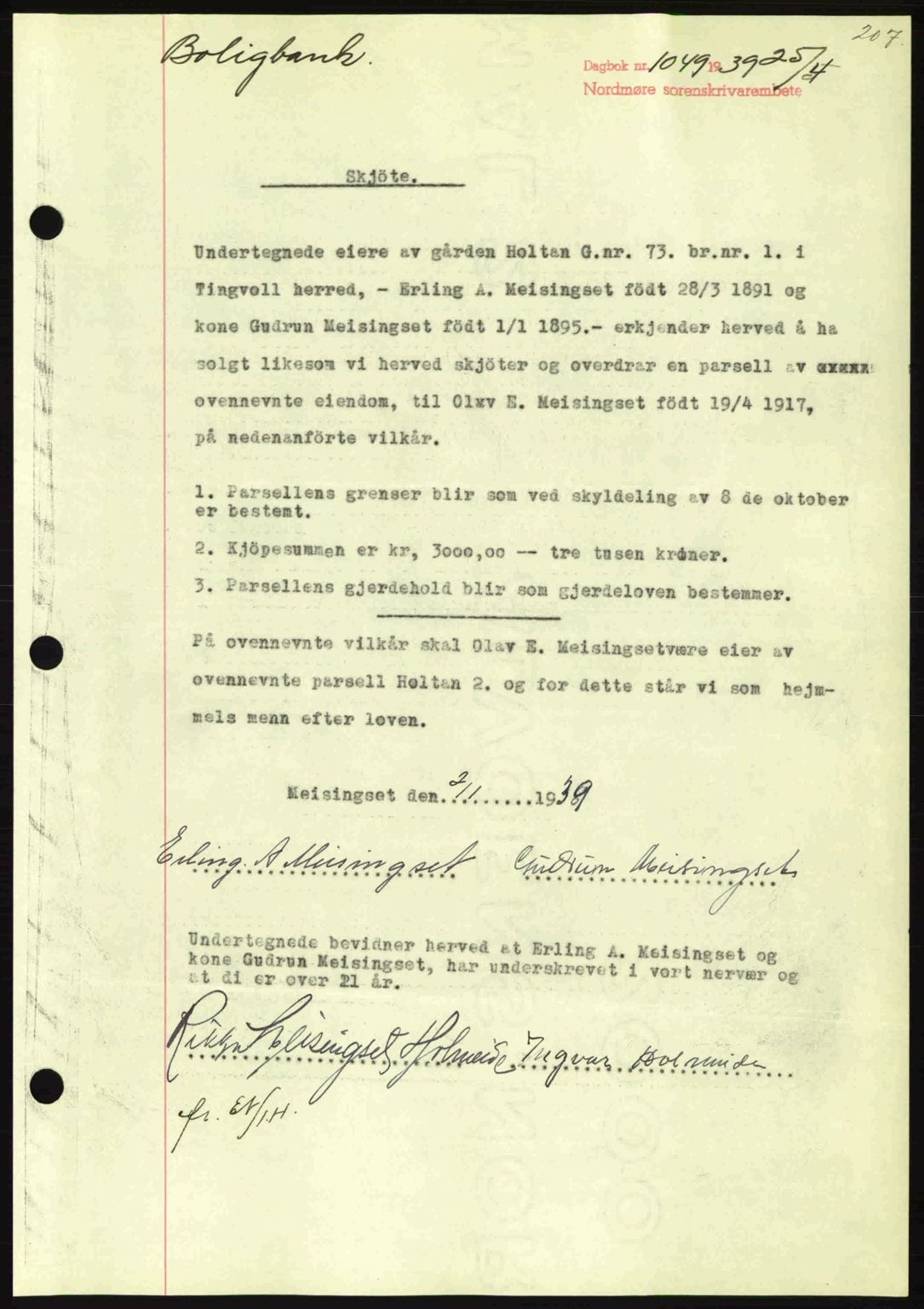 Nordmøre sorenskriveri, AV/SAT-A-4132/1/2/2Ca: Mortgage book no. A86, 1939-1939, Diary no: : 1049/1939