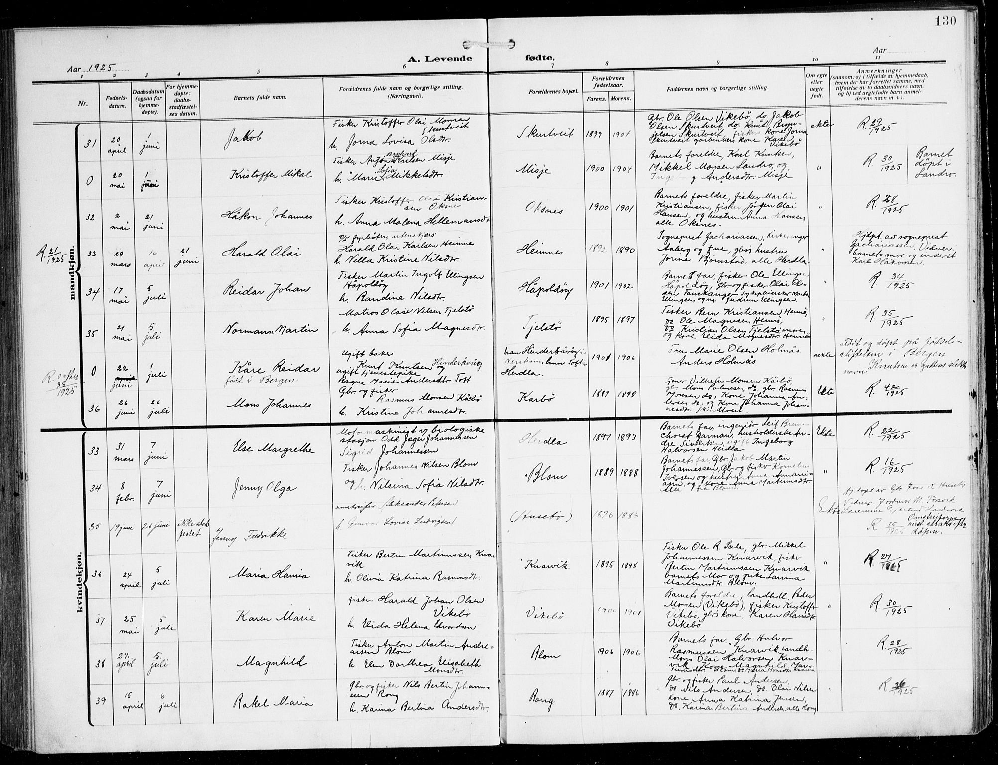 Herdla Sokneprestembete, AV/SAB-A-75701/H/Hab: Parish register (copy) no. C 2, 1913-1926, p. 130