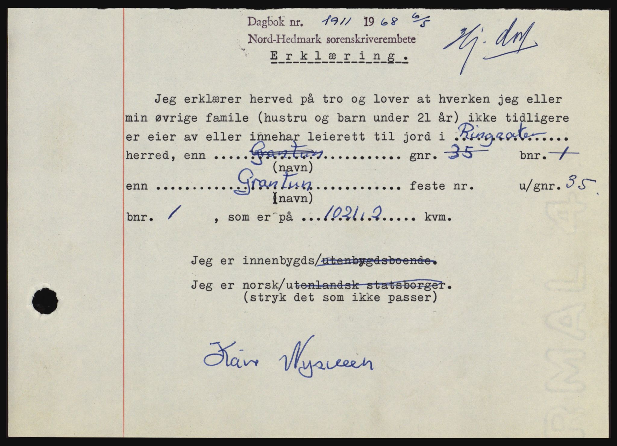 Nord-Hedmark sorenskriveri, SAH/TING-012/H/Hc/L0028: Mortgage book no. 28, 1968-1968, Diary no: : 1911/1968