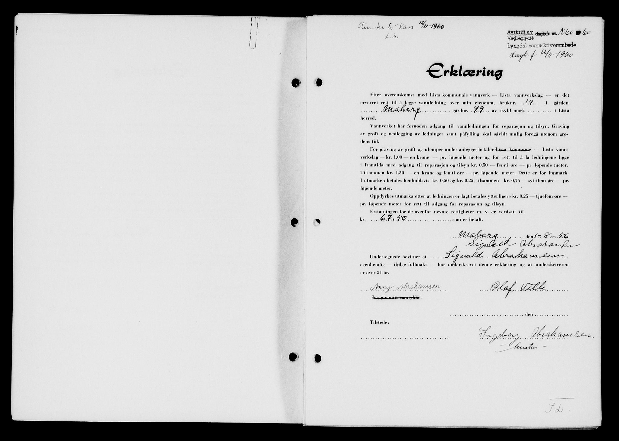 Lyngdal sorenskriveri, AV/SAK-1221-0004/G/Gb/L0680: Mortgage book no. A XXVI, 1960-1960, Diary no: : 1060/1960