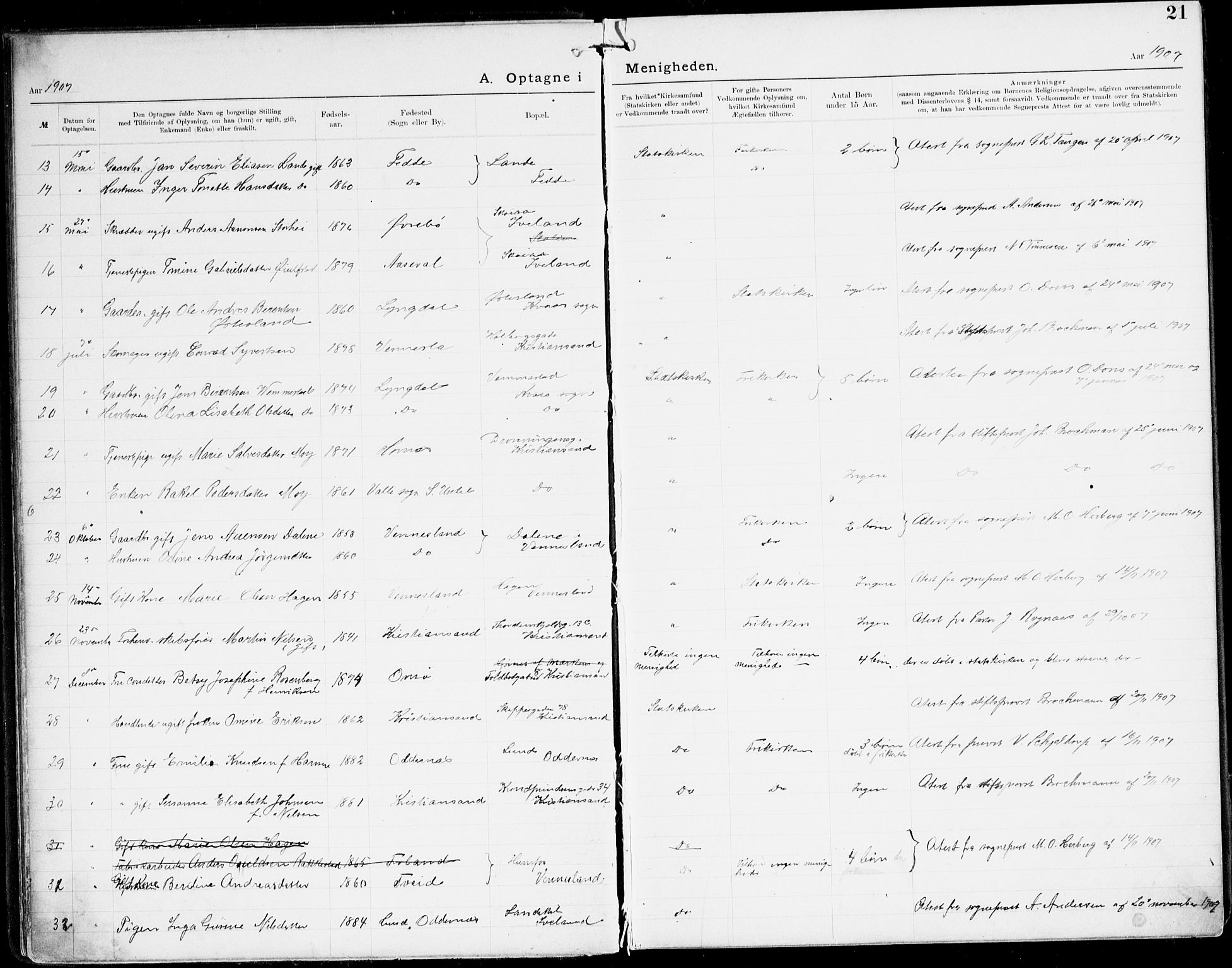 Den evangelisk-lutherske frikirke, Kristiansand, AV/SAK-1292-0017/F/Fa/L0003: Dissenter register no. F 11, 1892-1925, p. 21